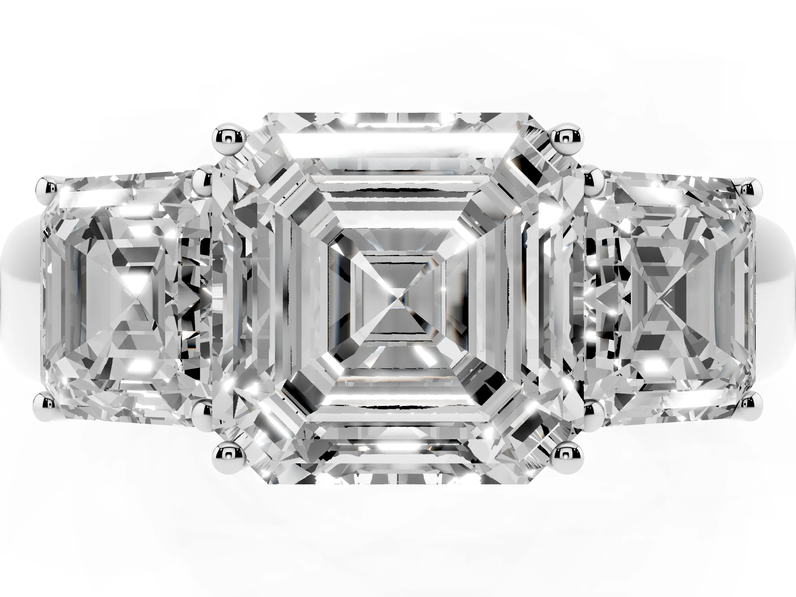 Three-Stone Asscher Cut Diamond Ring Set in White gold with Matching Prong Settings and Plain Band