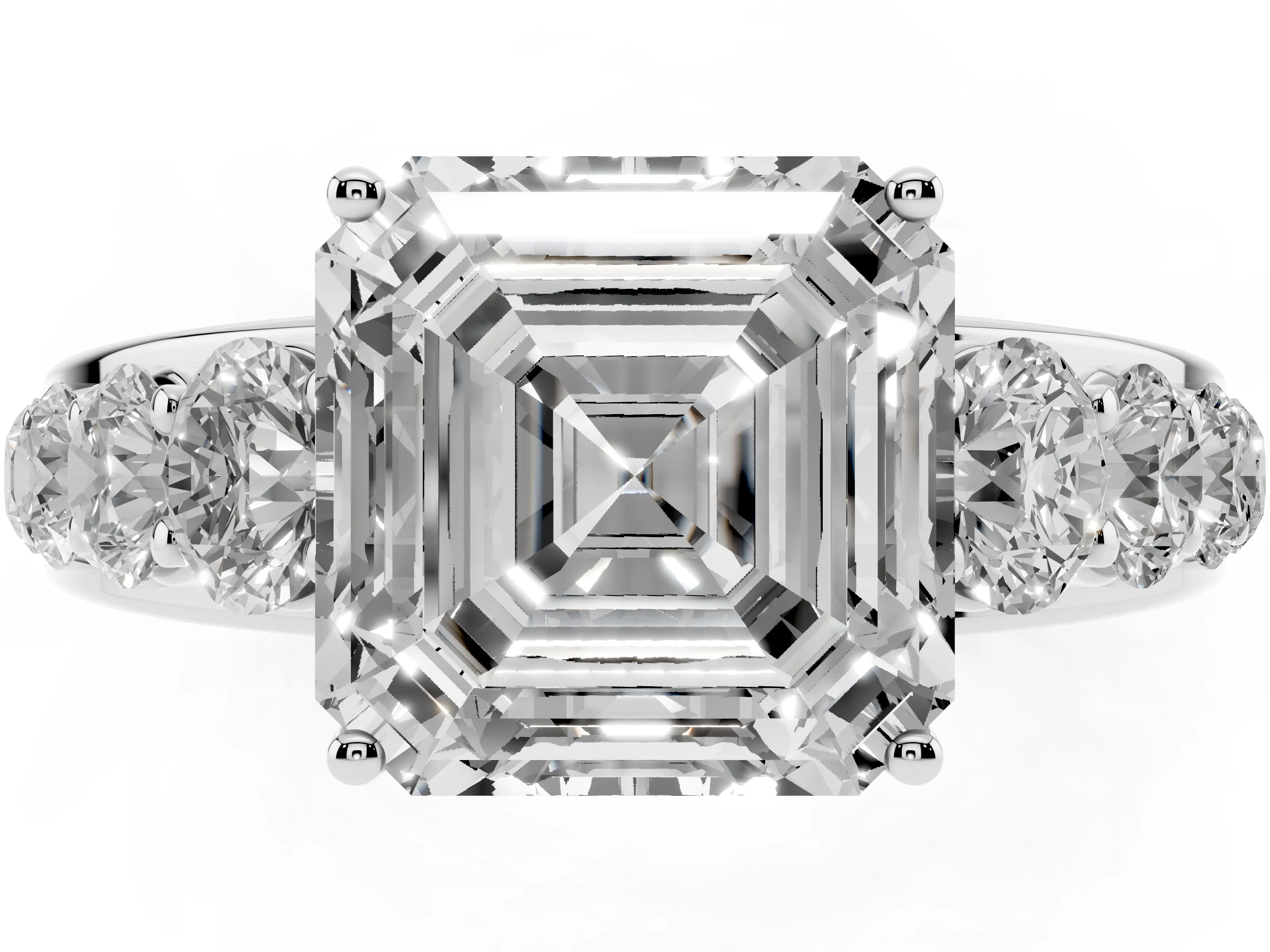 Asscher Cut Diamond Solitaire Ring Set in White gold with Pavé-Set Band and Prong Setting