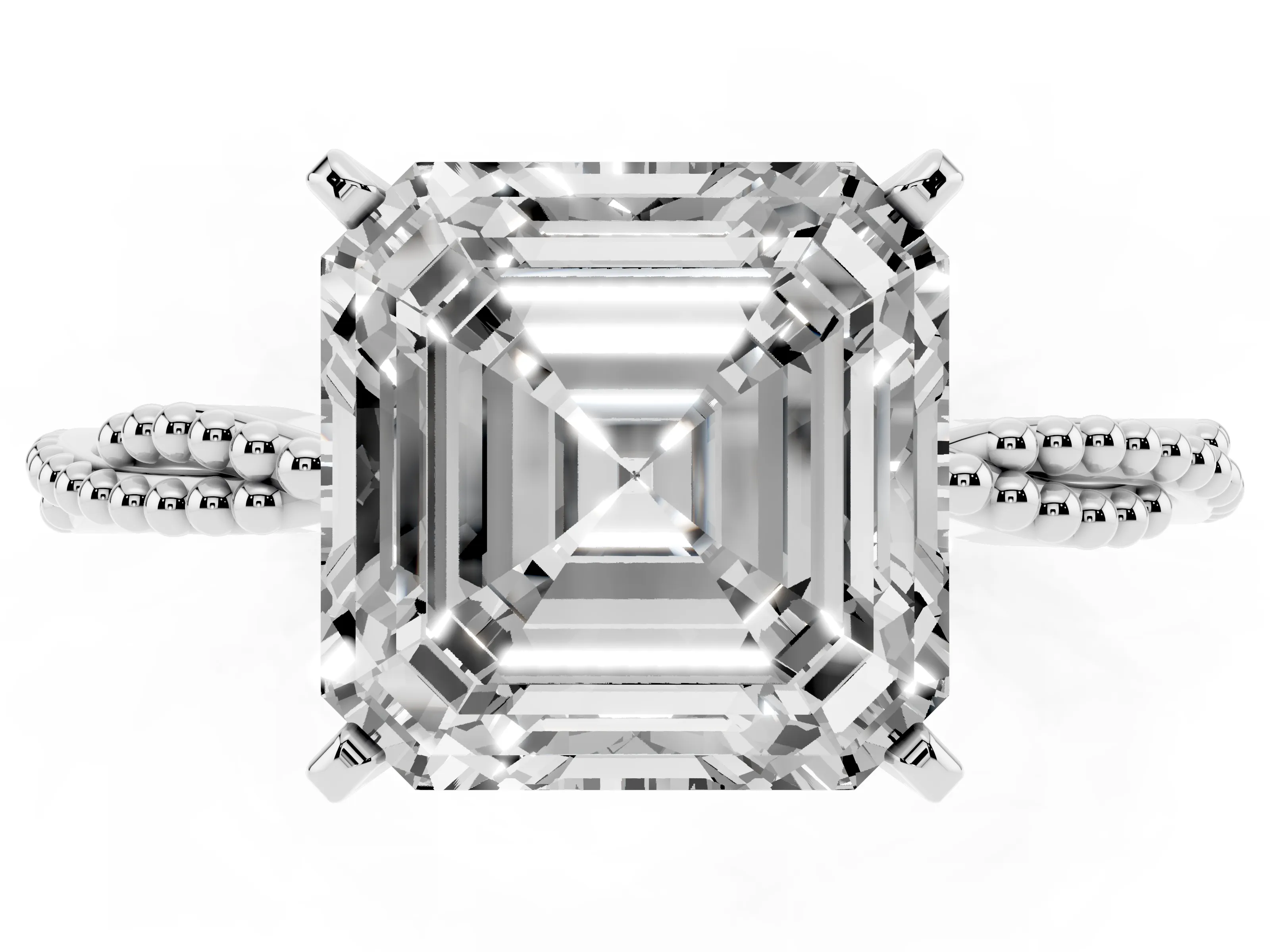 Asscher Cut Diamond Solitaire Ring Set in Platinum with Twisted Band and Bead Prong Setting
