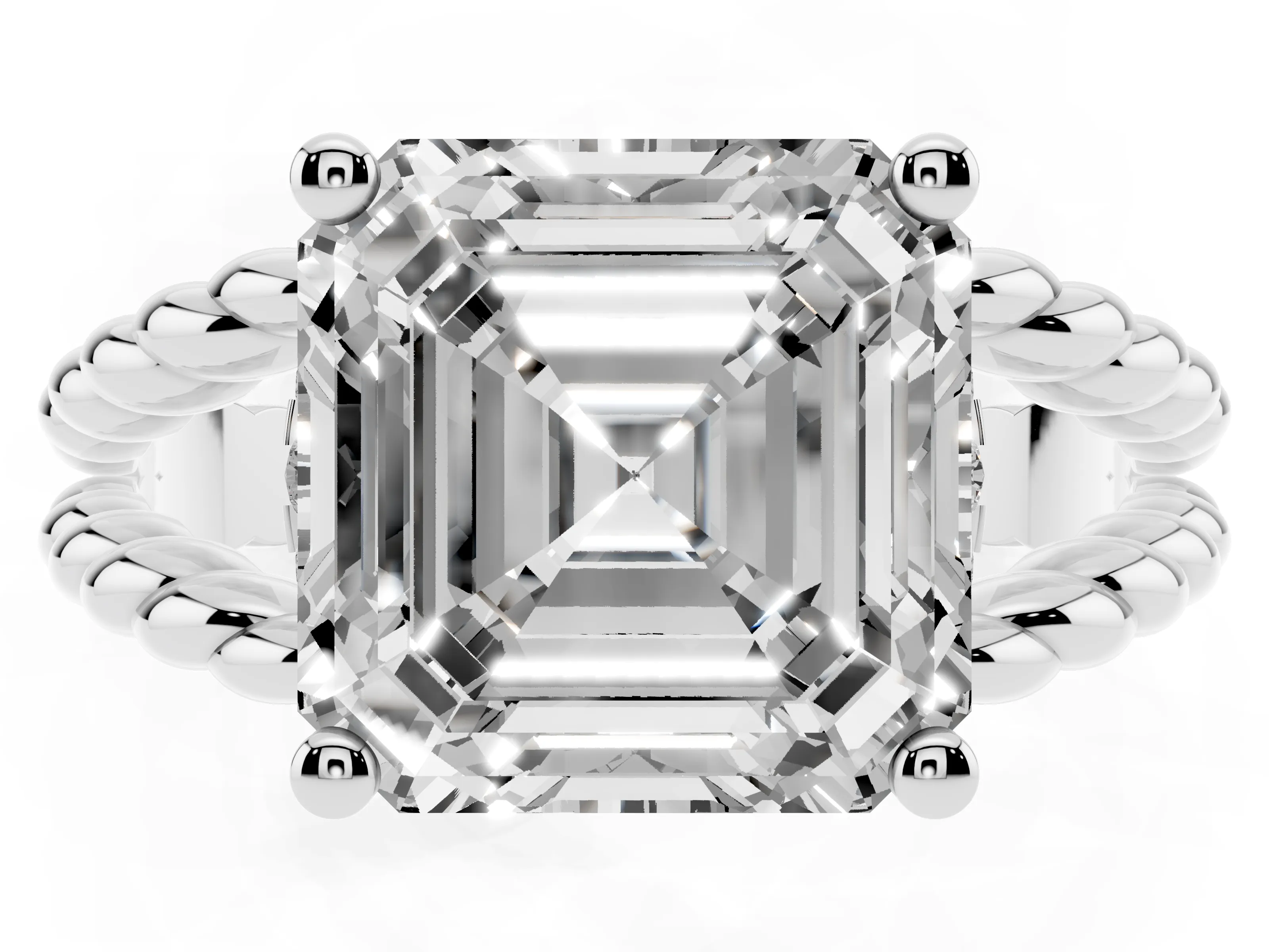 Asscher Cut Diamond Halo Ring Set in White gold with Twisted Band and Prong Setting