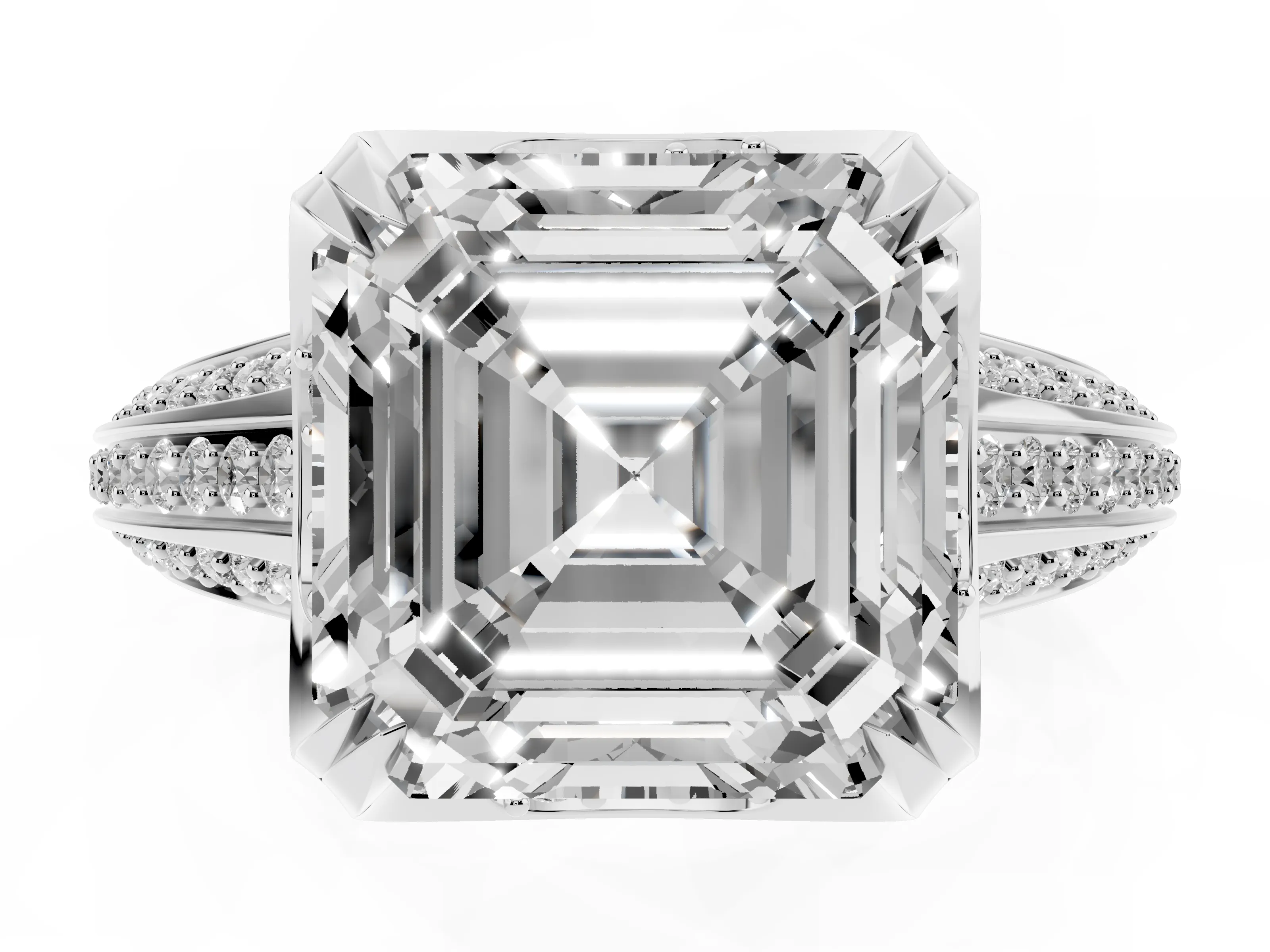 Asscher Cut Diamond Pavé Split Shank Solitaire Ring Set in Silver with Prong Setting