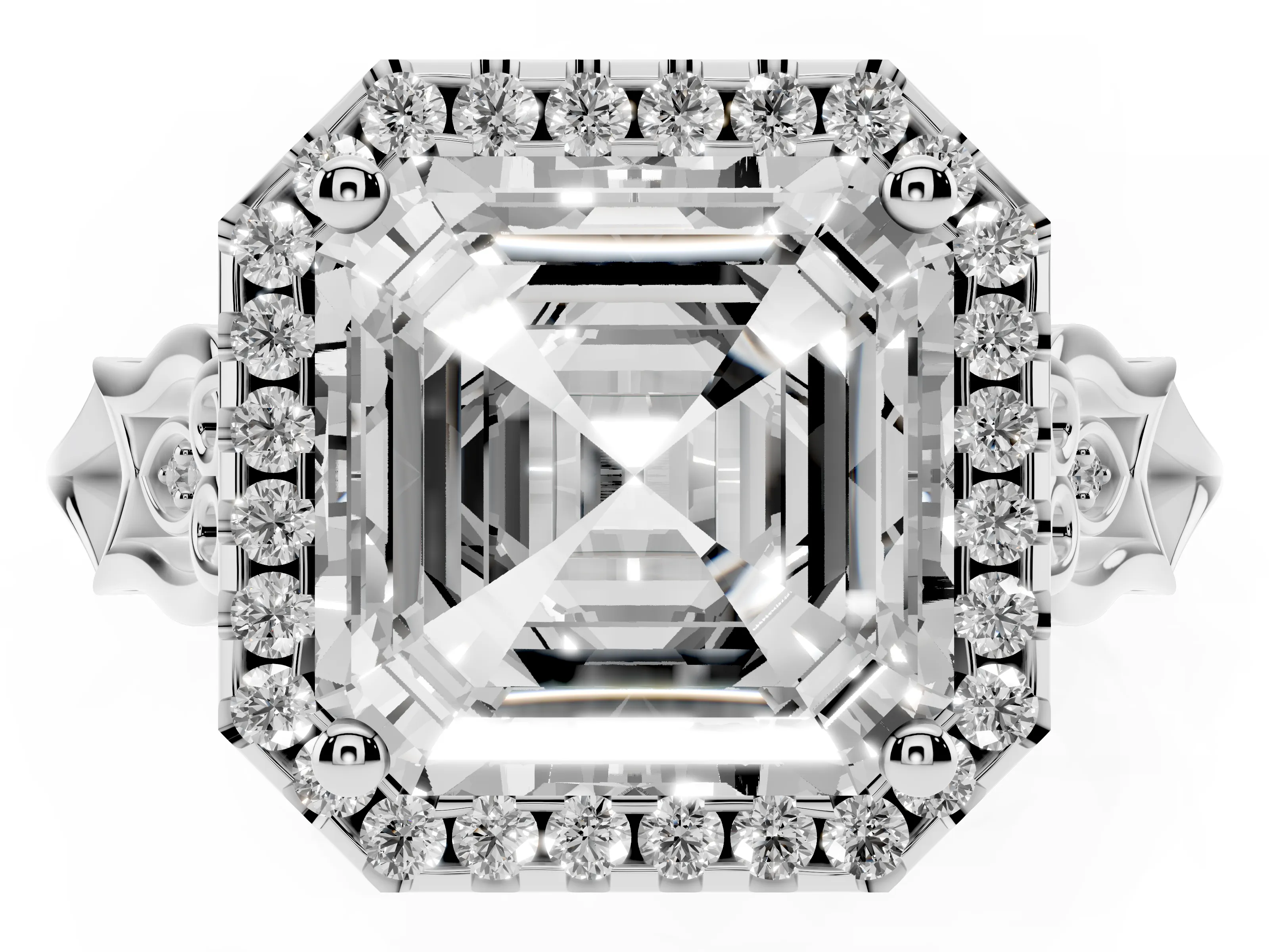 Asscher Cut Diamond Halo Engagement Ring Set in White gold with Filigree Band and Prong-Set Center