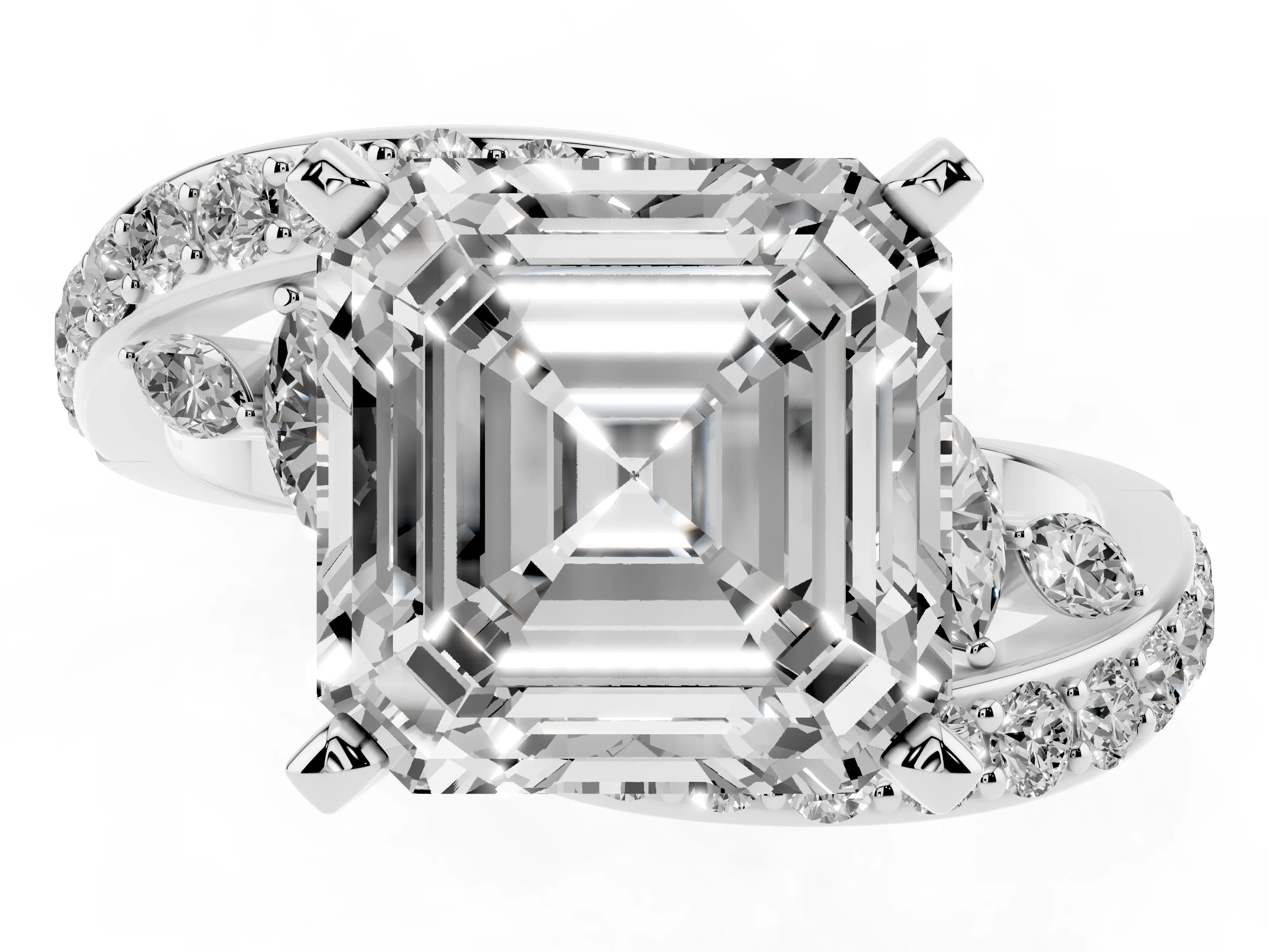 Asscher Cut Diamond Solitaire Ring Set in White gold with Pavé Twist Band and Secure Prong Setting
