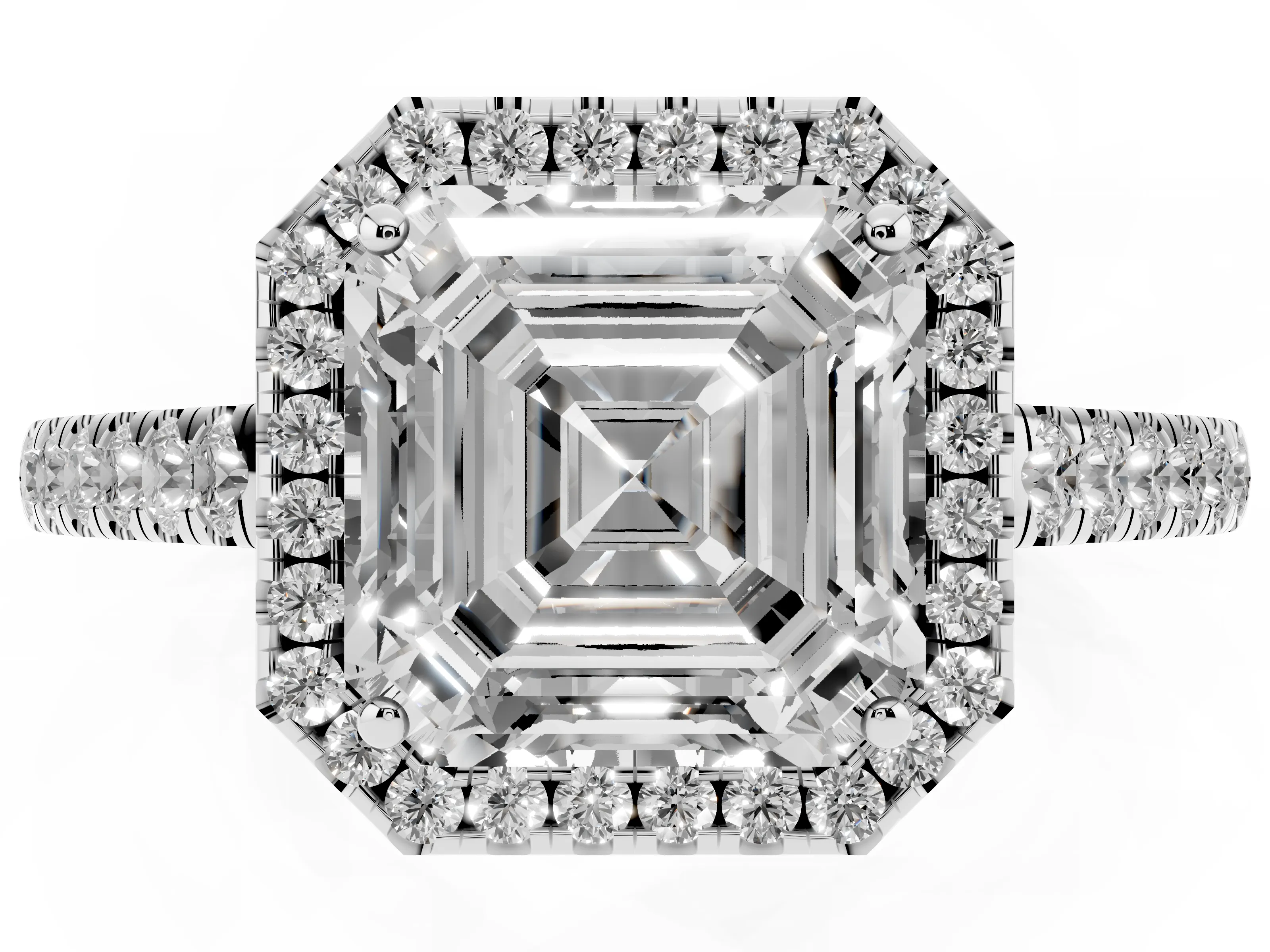 Asscher Cut Diamond Halo Pavé Engagement Ring Set in White gold with Prong Setting