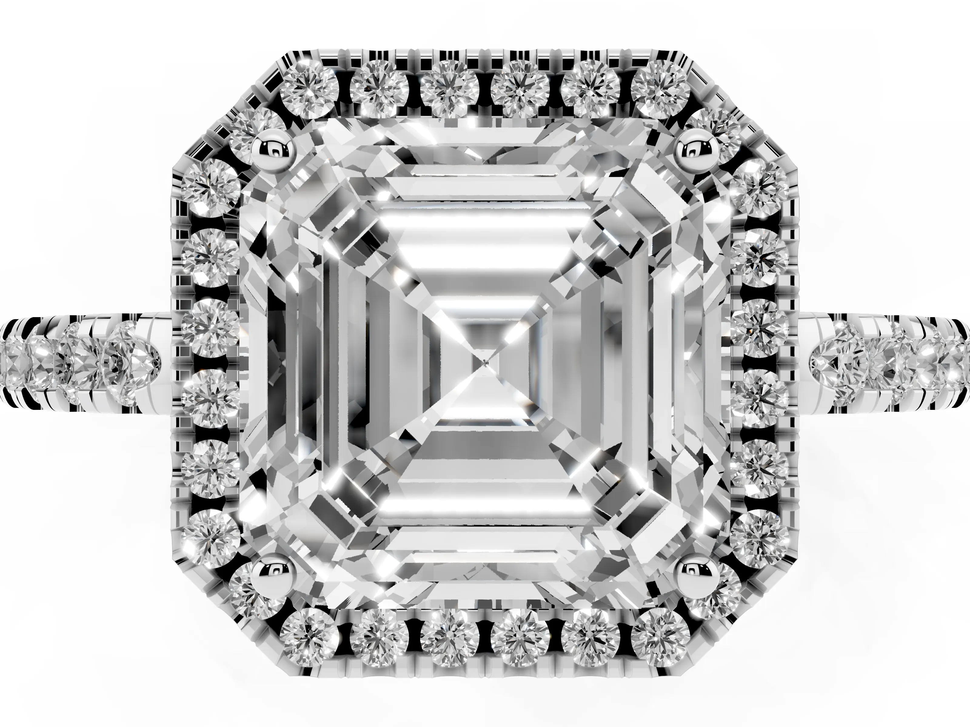 Asscher Cut Diamond Pavé Band Halo Engagement Ring Set in Silver with Prong Setting