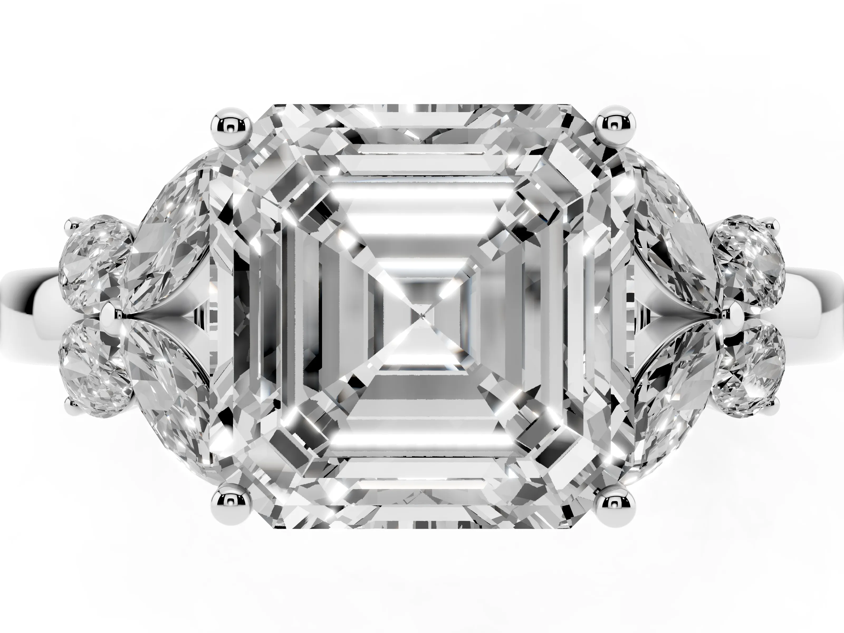 Asscher Cut Diamond Solitaire Floral Ring Set in White gold with Marquise Petals and Prong Setting