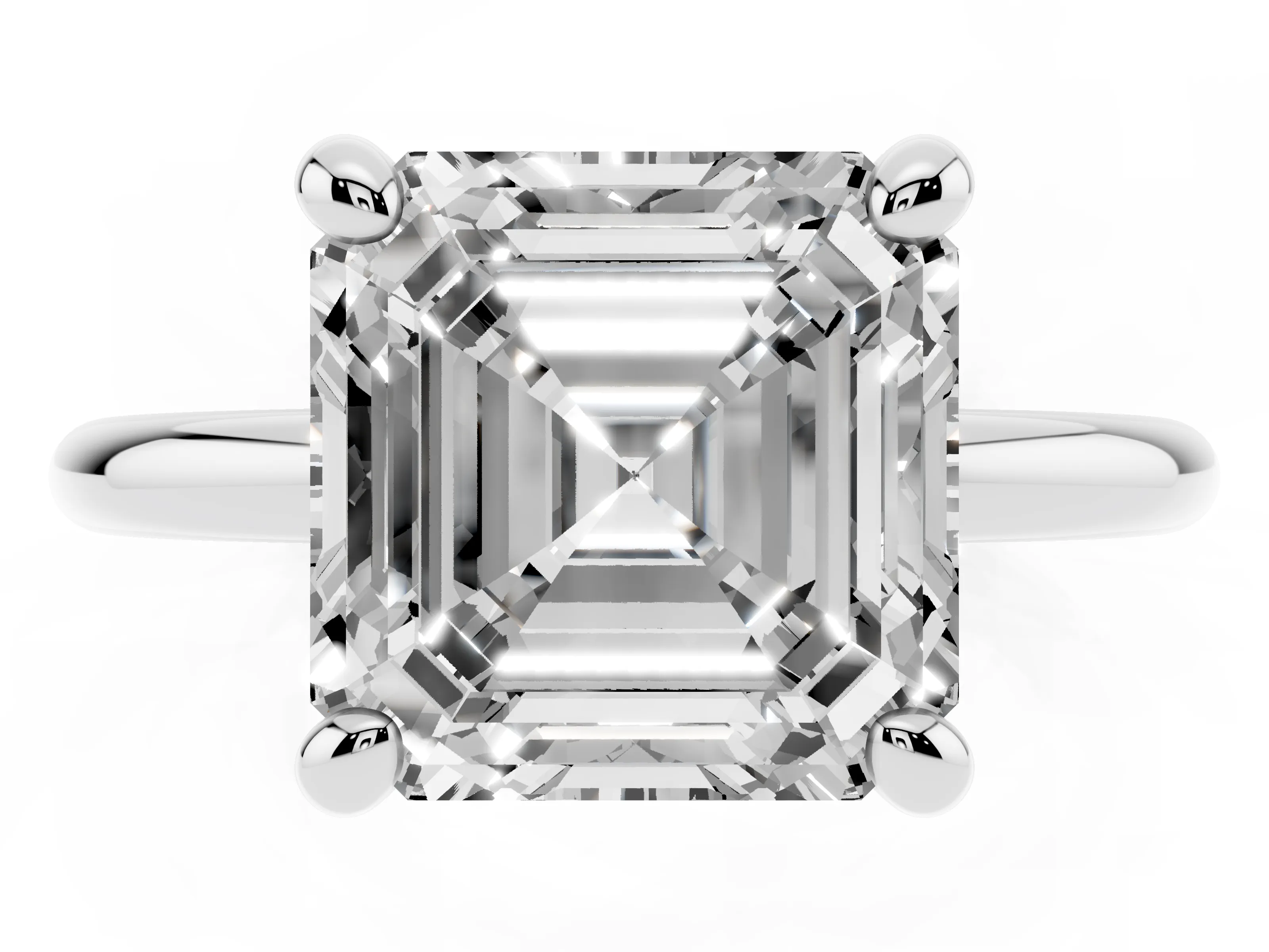 Asscher Cut Diamond Solitaire Ring Set in White gold with Prong Setting on a Polished Plain Band
