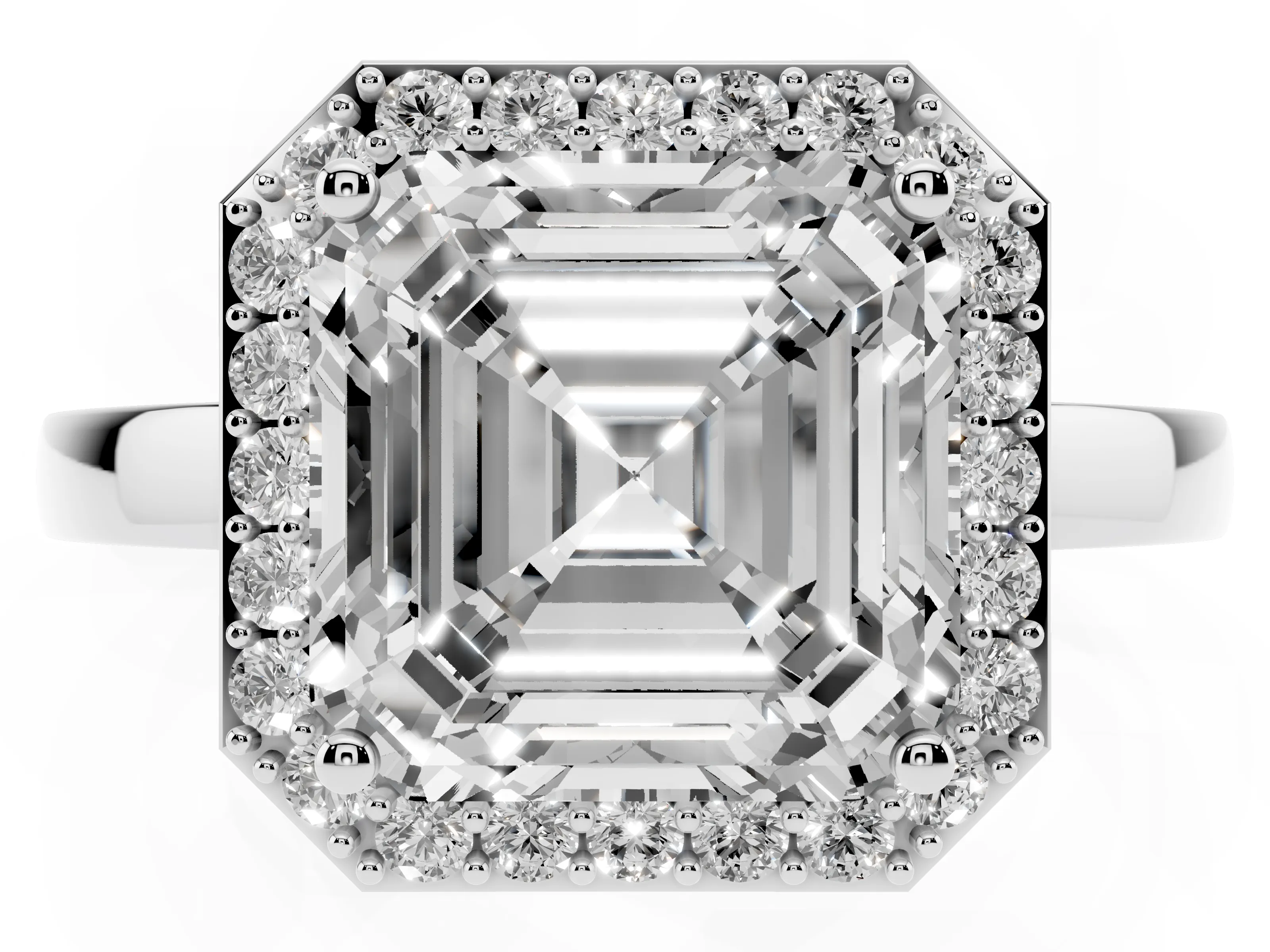 Asscher Cut Diamond Halo Ring Set in Platinum with Solitaire Band and Prong Setting