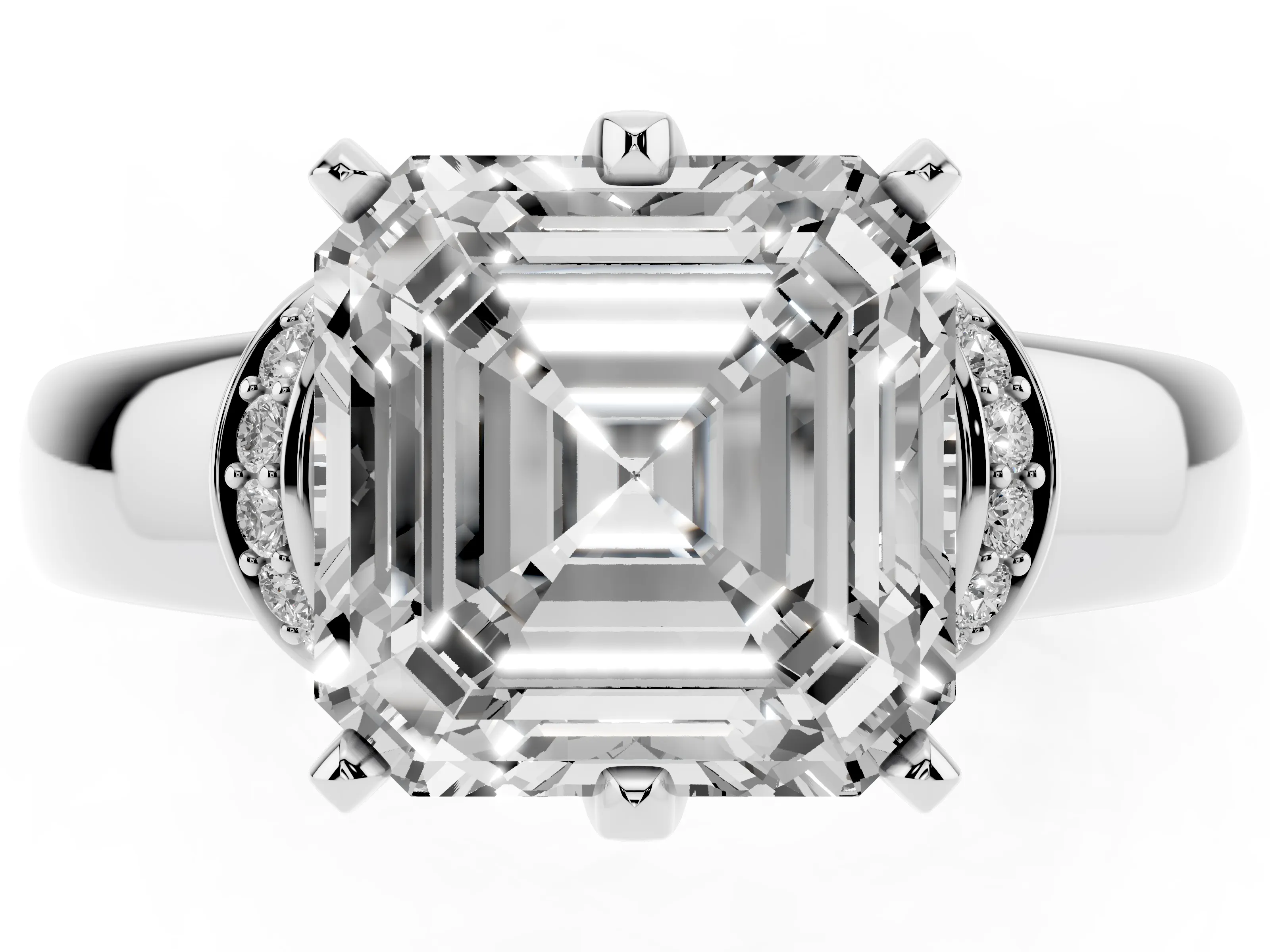 Asscher Cut Diamond Pavé Band Solitaire Ring Set in Silver with Prong Setting