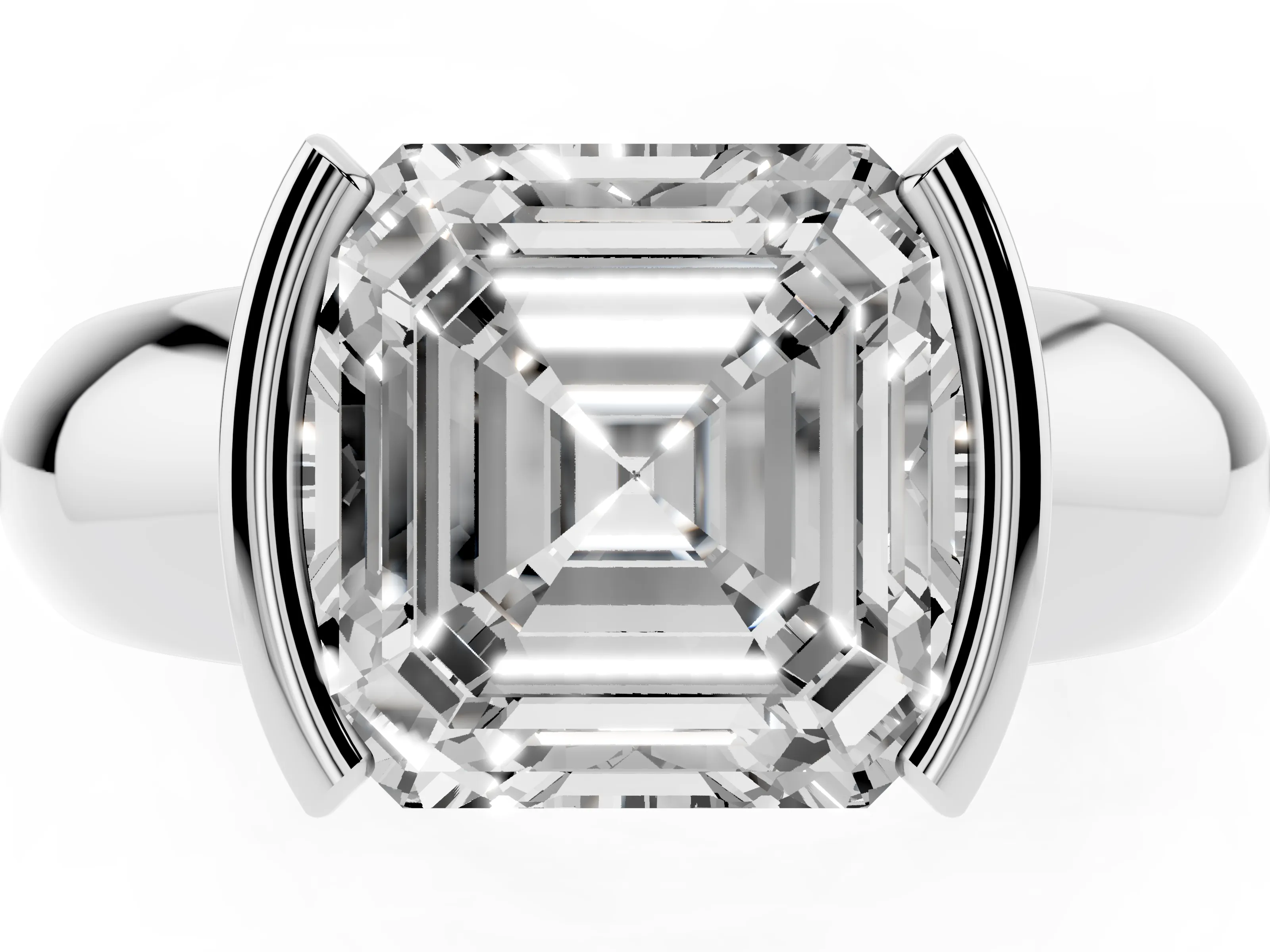 Asscher Cut Diamond Solitaire Tension Set Ring Set in White gold with Wide Band