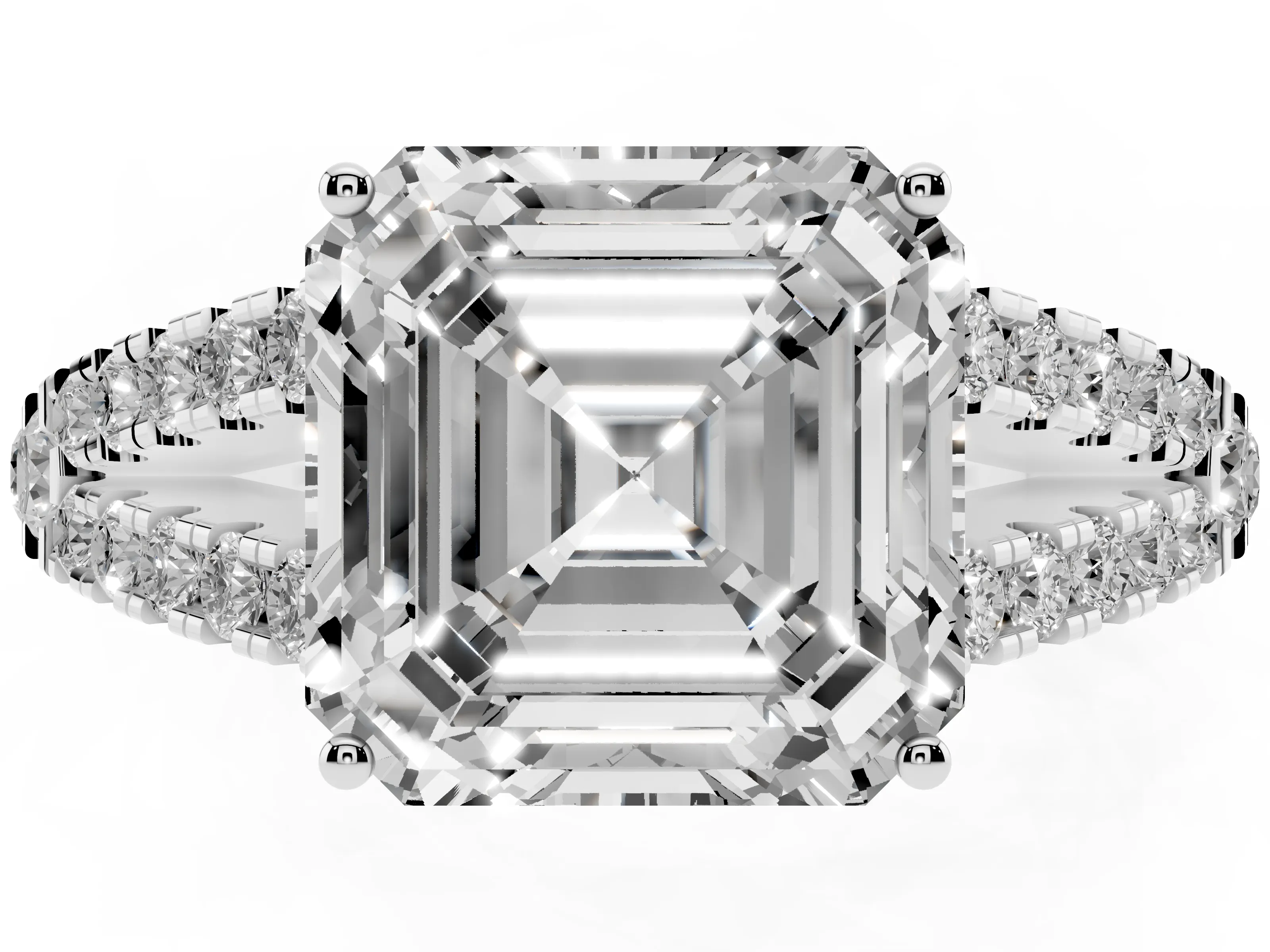 Asscher Cut Diamond Split Shank Pavé Engagement Ring Set in White gold with Prong-Held Center Stone