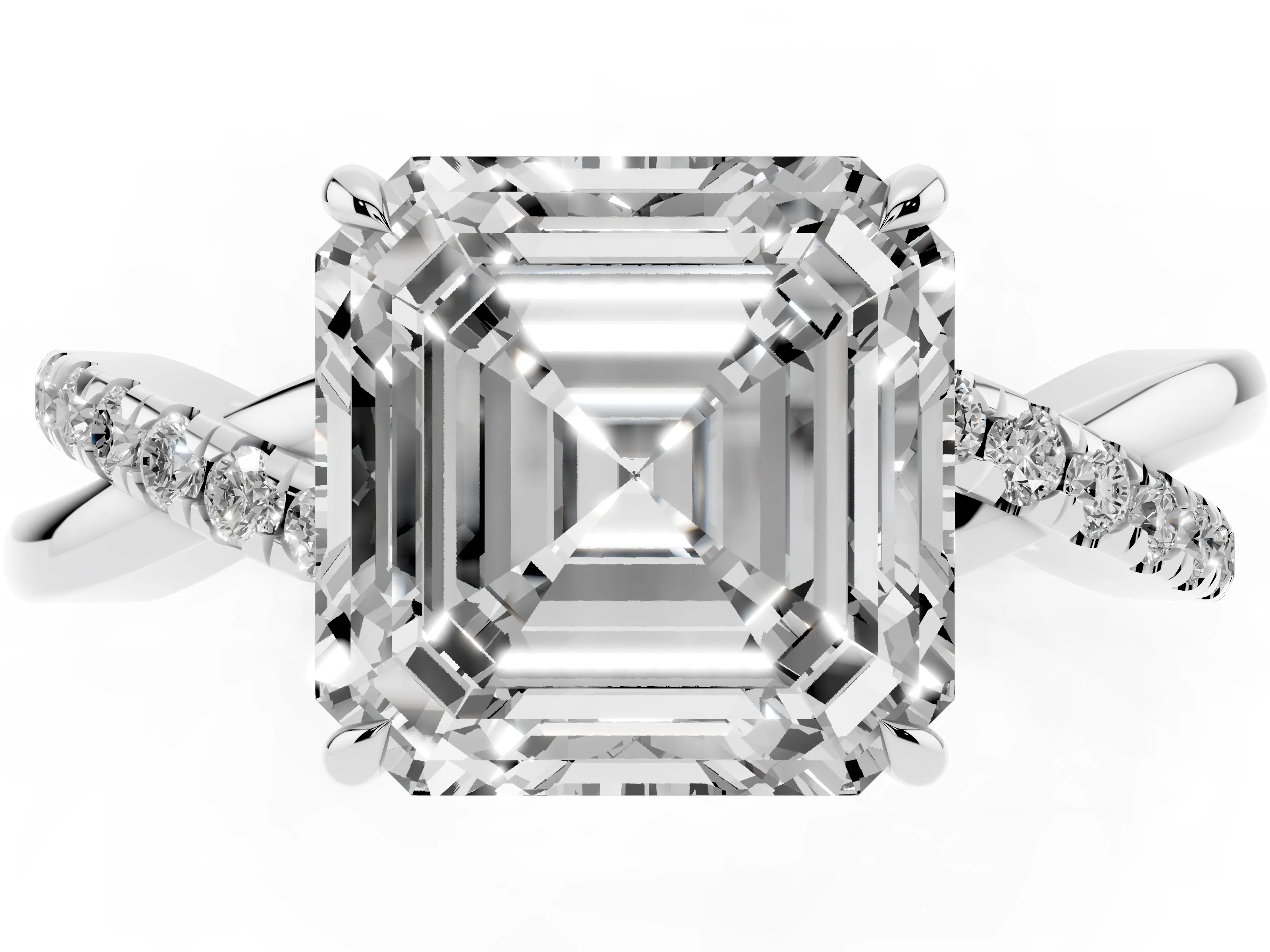 Asscher Cut Diamond Twisted Pavé Band Ring Set in White gold with Prong Setting