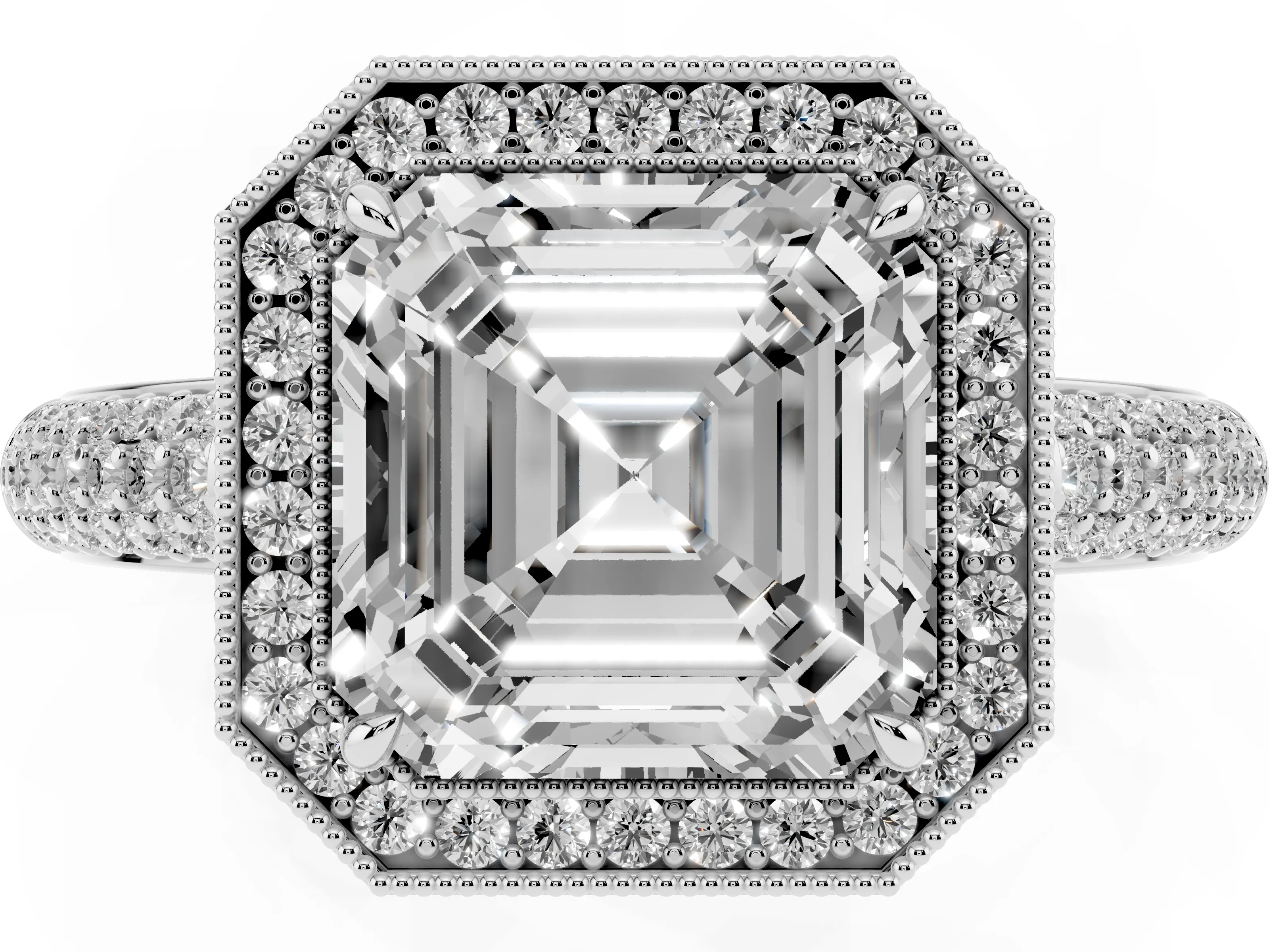 Asscher Cut Diamond Halo Pavé Band Set in Silver with Prong Setting