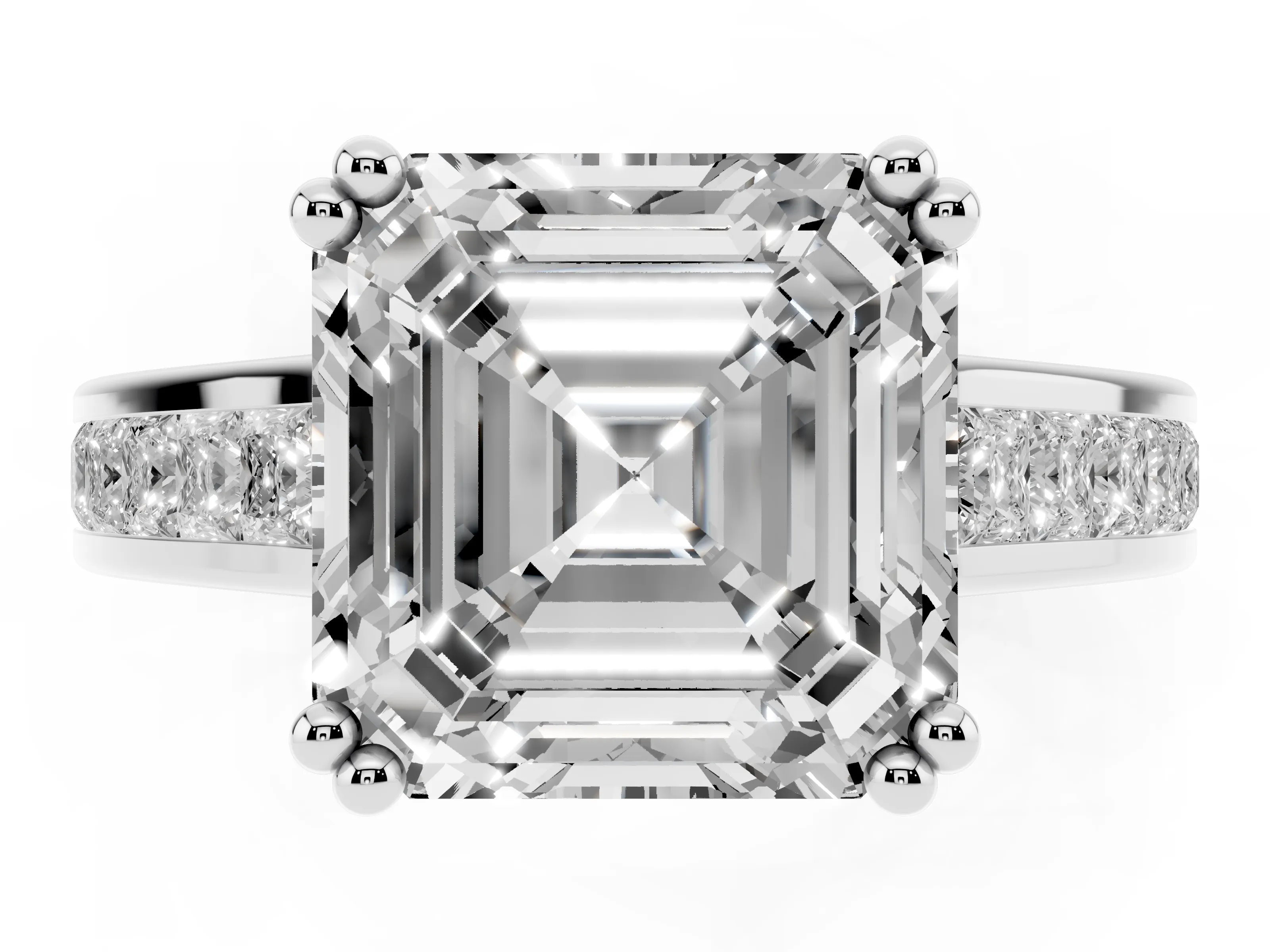 Asscher Cut Diamond Channel Set Solitaire Engagement Ring Set in Silver with Prong Setting