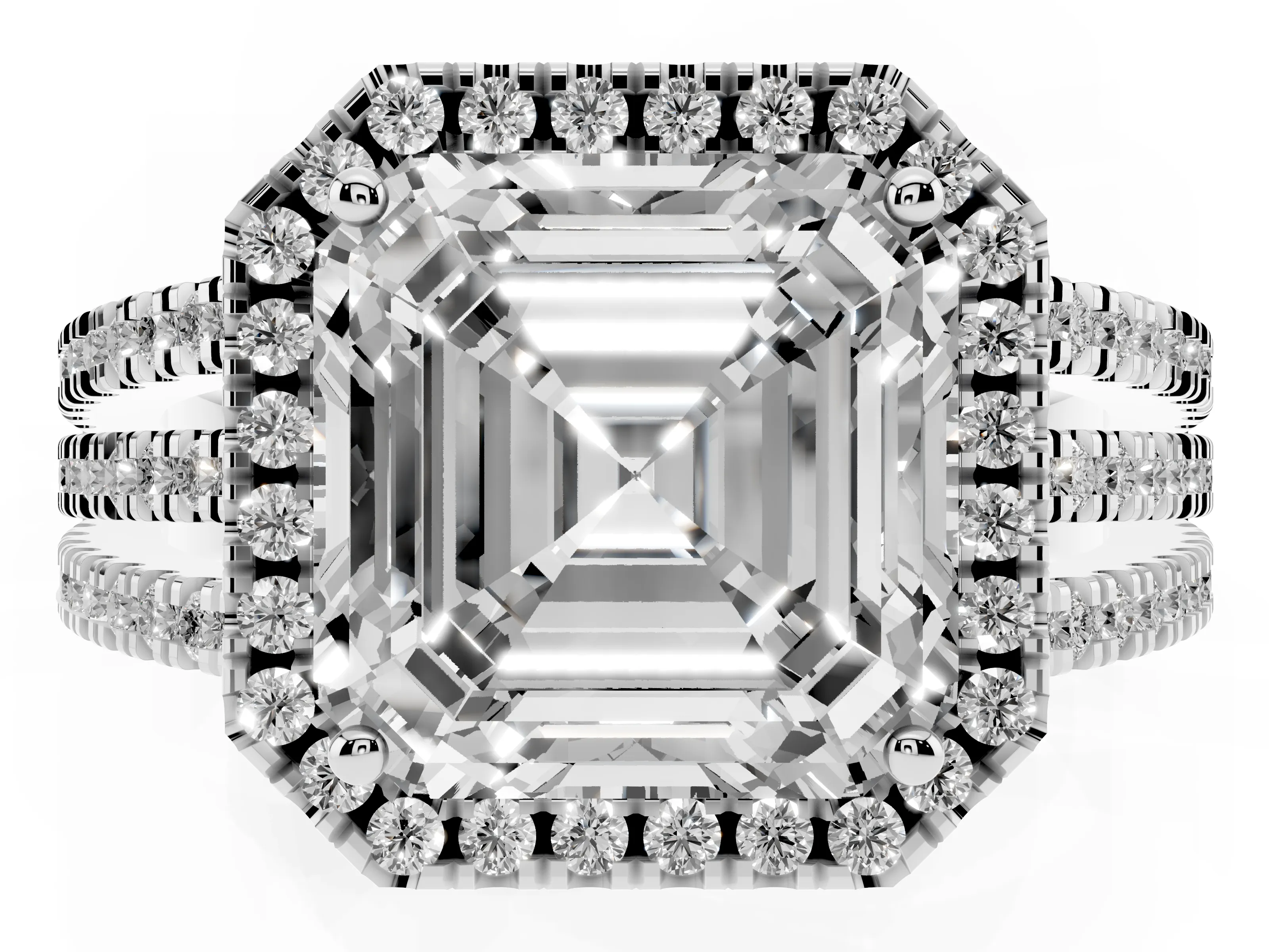 Asscher Cut Diamond Halo Split Shank Engagement Ring Set in Silver with Prong Setting