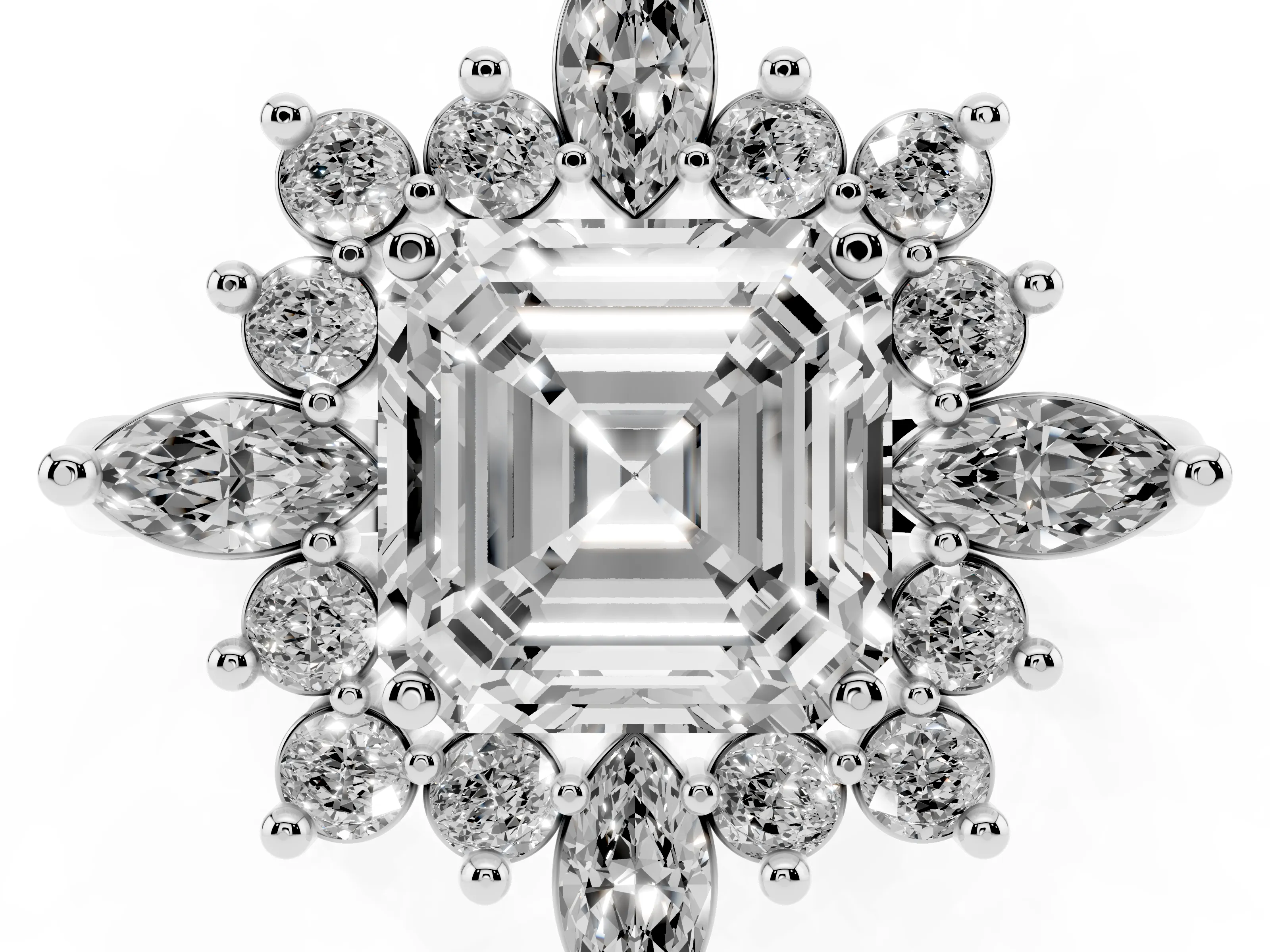 Asscher Cut Diamond Cluster Halo Ring Set in White gold with Marquise and Round Accents