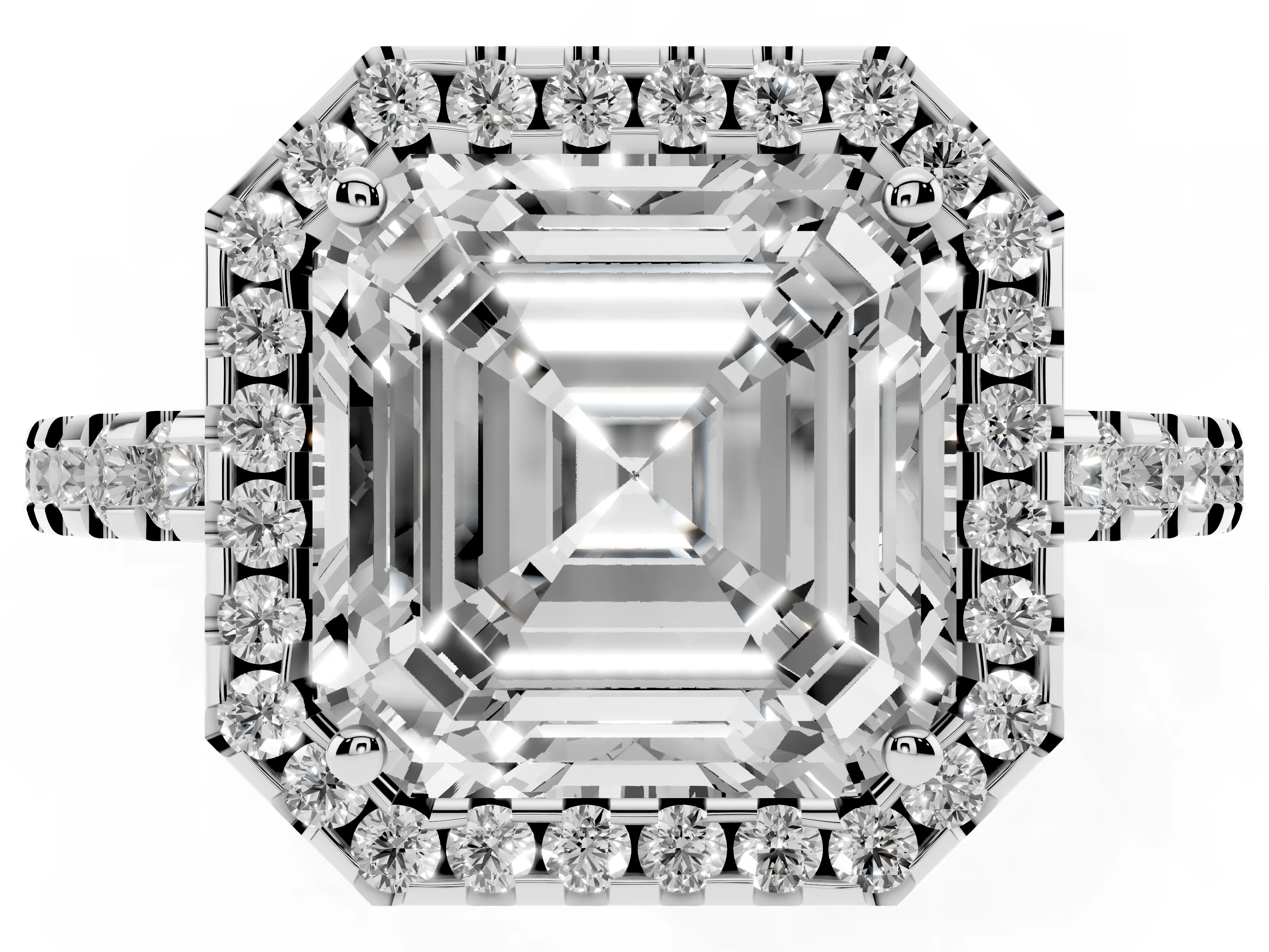 Asscher Cut Diamond Halo Ring Set in Platinum with Pavé Shoulders and Halo-Framed Center