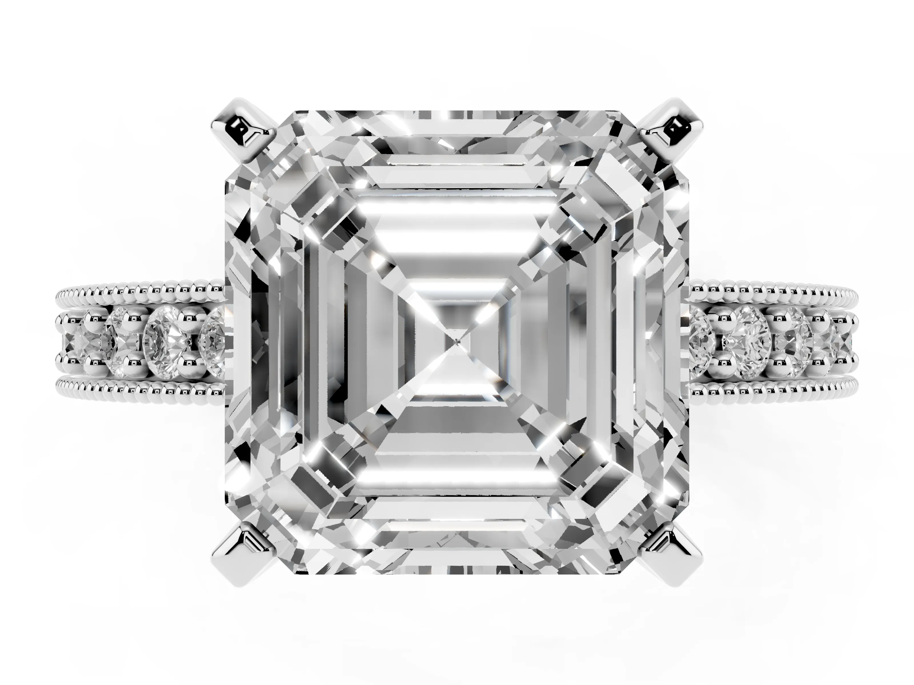 Asscher Cut Diamond Milgrain Pavé Engagement Ring Set in Silver with Prong Setting
