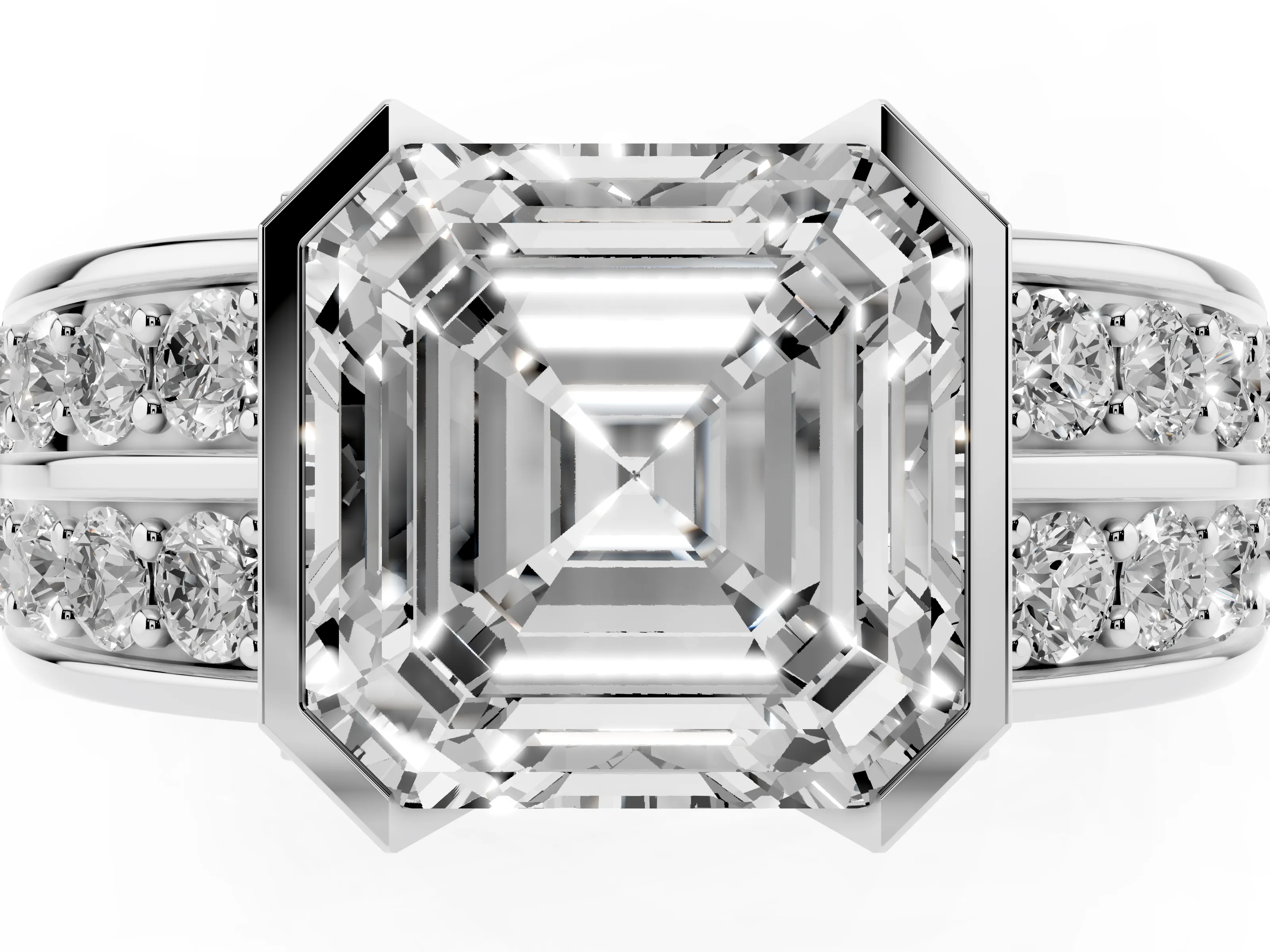 Asscher Cut Diamond Wide Channel Set Band Ring Set in Silver with Bezel Setting