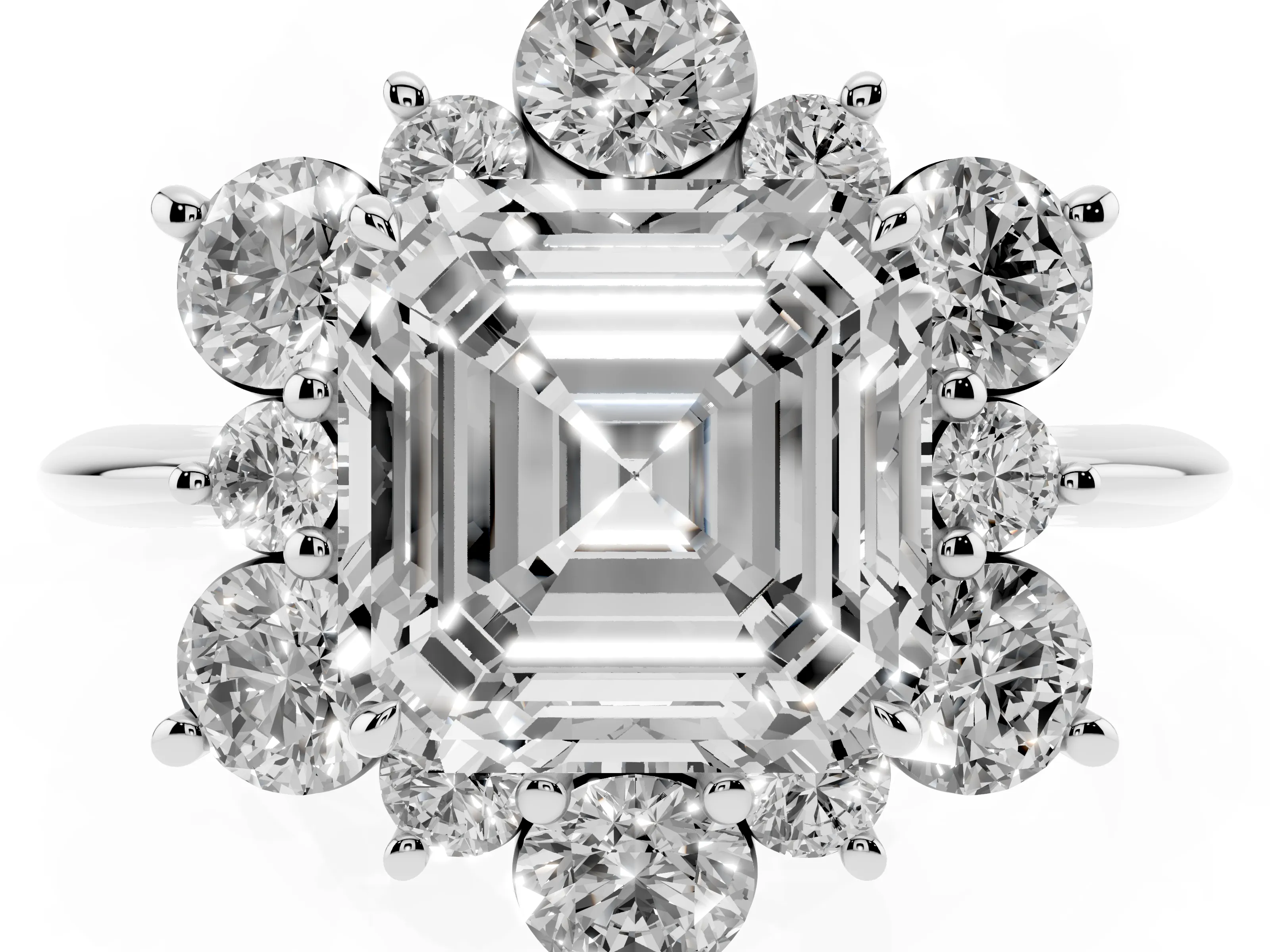 Asscher Cut Diamond Cluster Halo Ring Set in White gold with Solitaire Band and Prong Setting