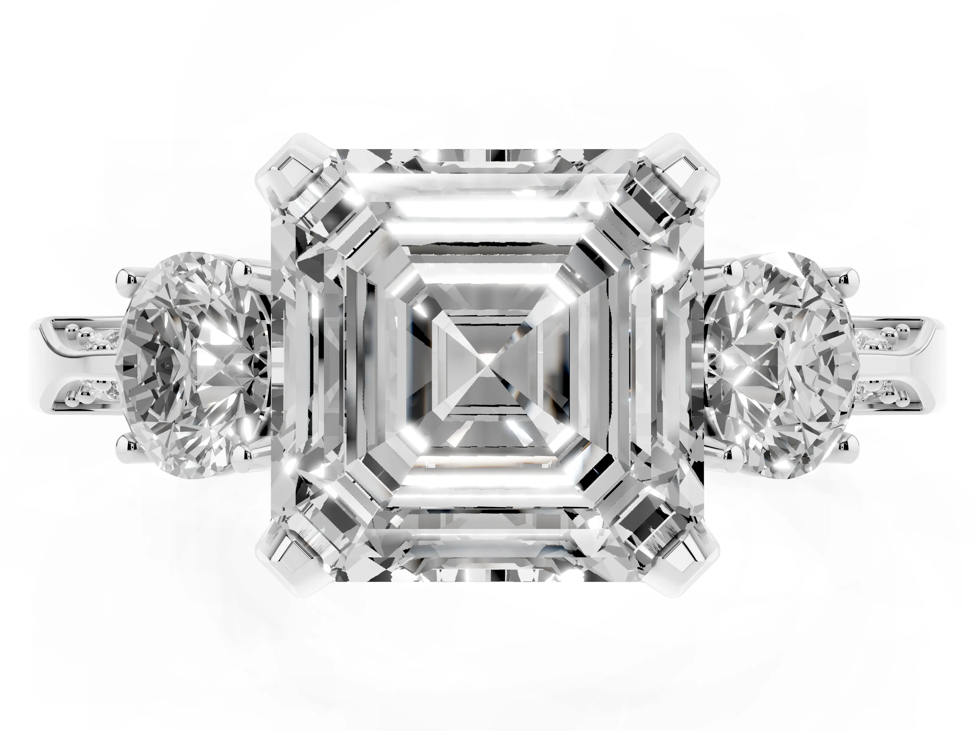 Asscher Cut Diamond Three-Stone Ring Set in Platinum with Pavé Band and Smaller Side Stones