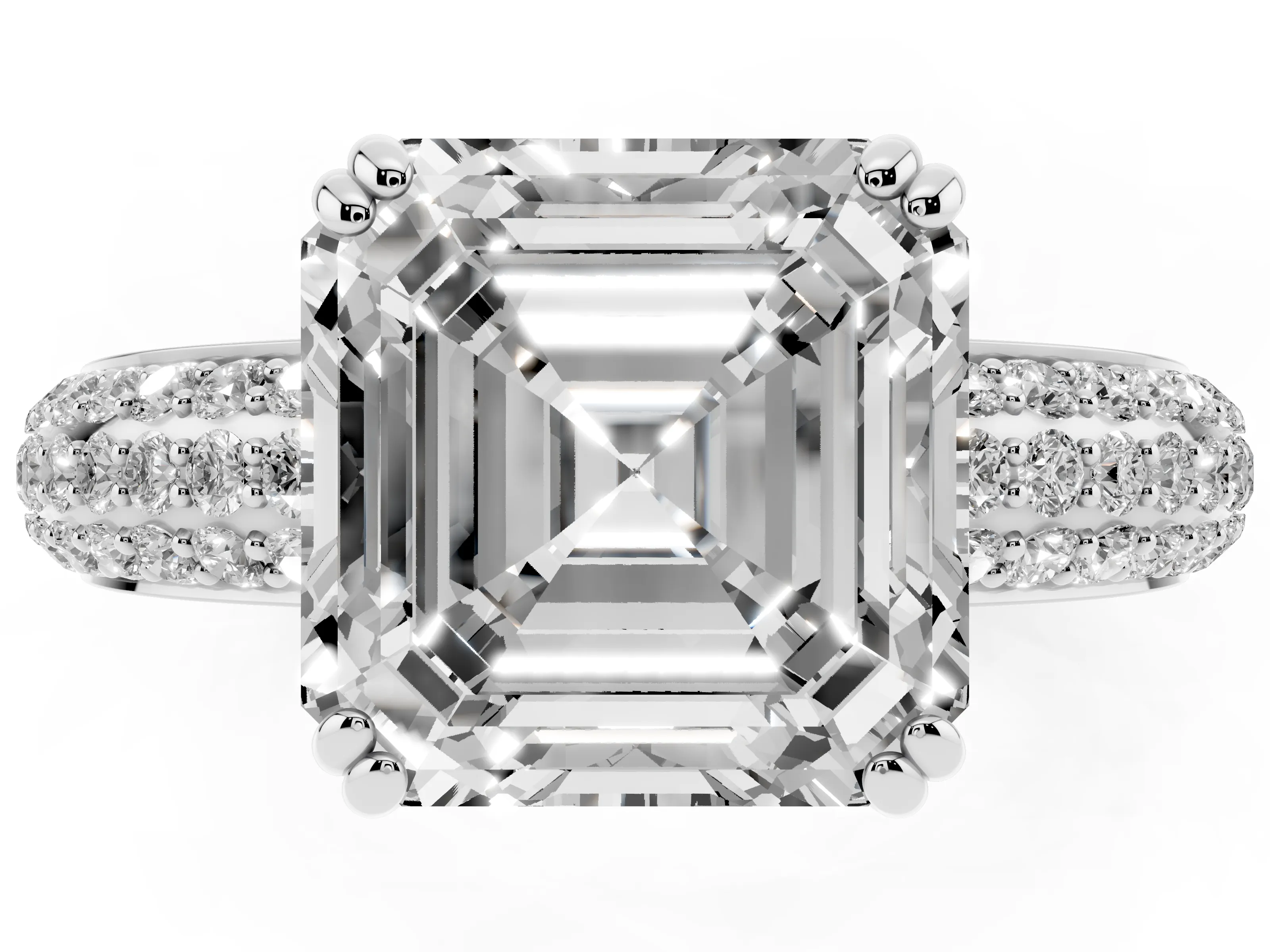 Asscher Cut Diamond Solitaire Ring Set in Platinum with Multi-Row Round Pavé Band and Prong Setting