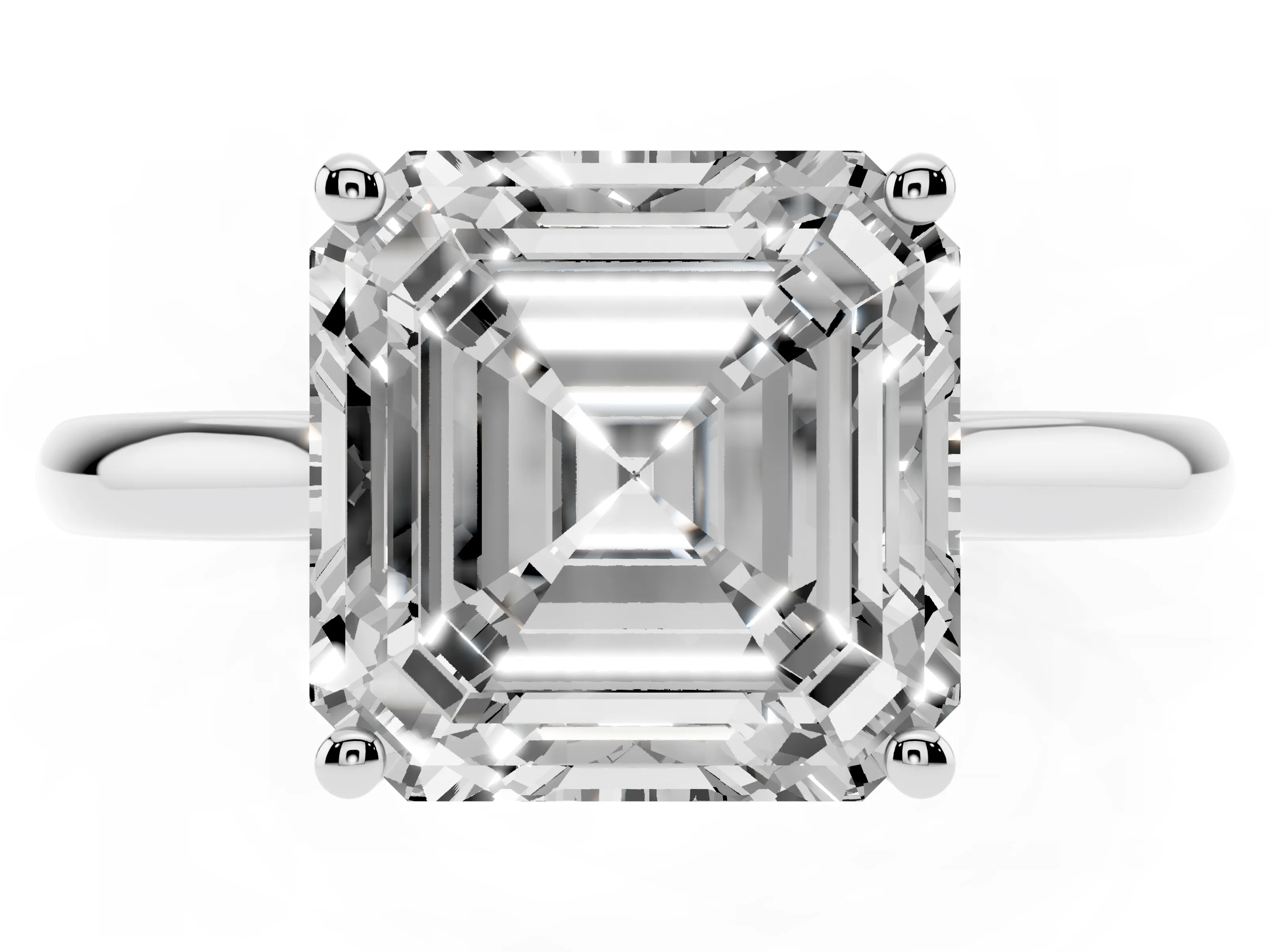 Asscher Cut Diamond Solitaire Ring Set in Silver with Cathedral Band and Prong Setting