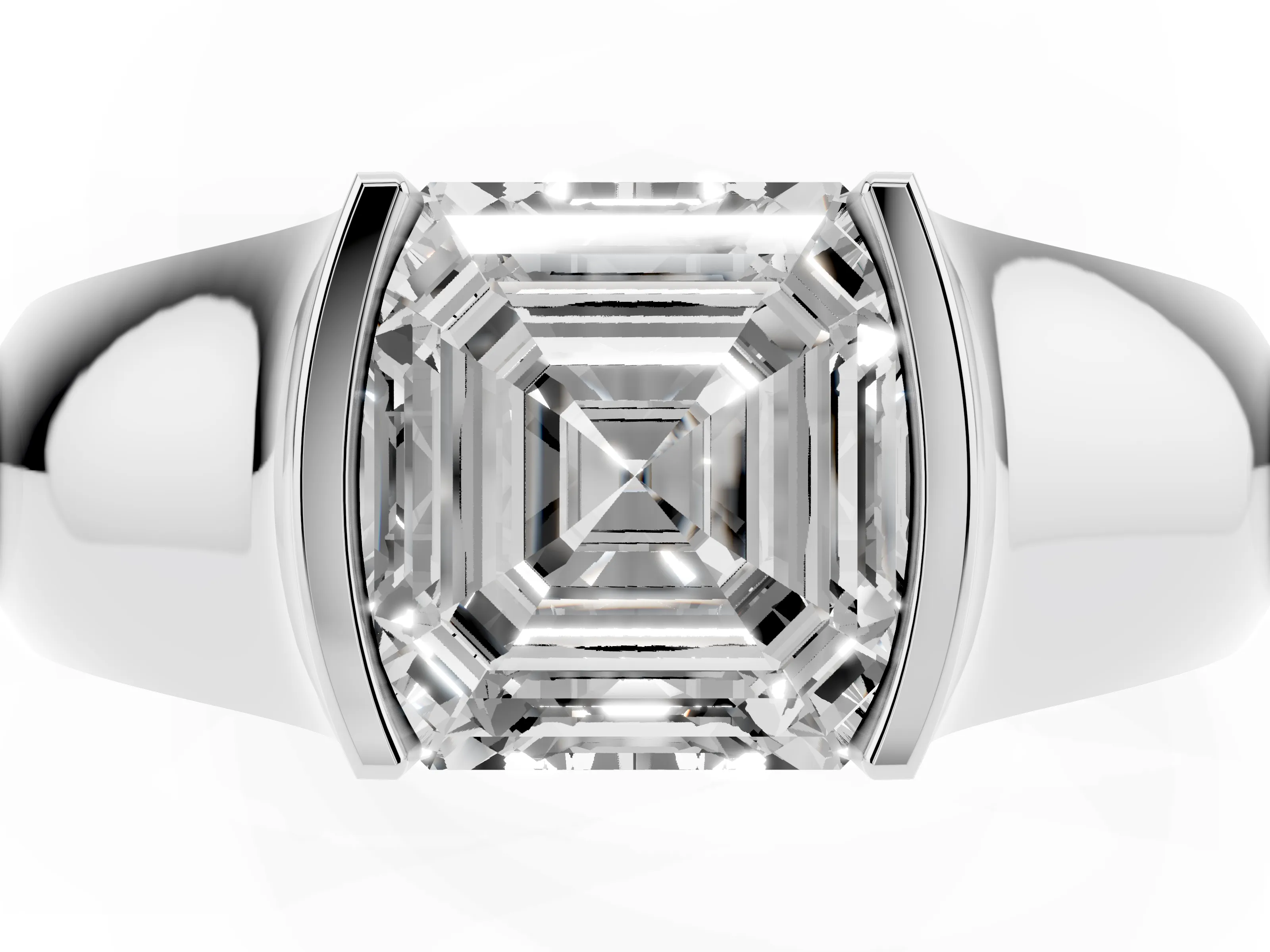 Asscher Cut Diamond Bezel Solitaire Ring Set in White gold with Wide Band