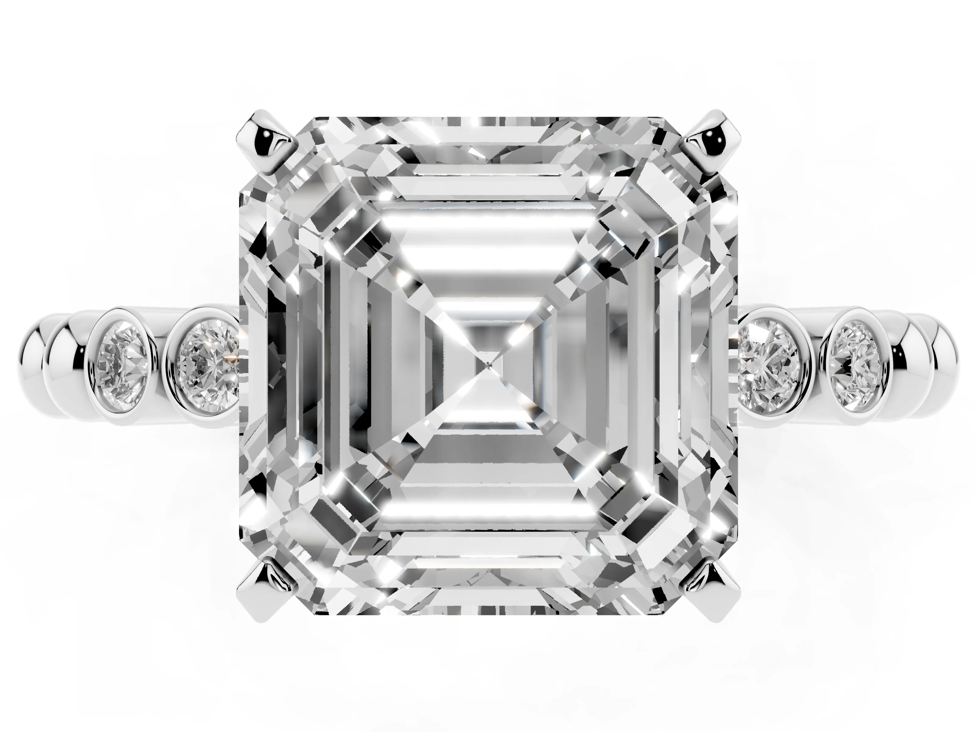 Asscher Cut Diamond Solitaire Engagement Ring Set in Platinum with Bezel Accents on Beaded Band