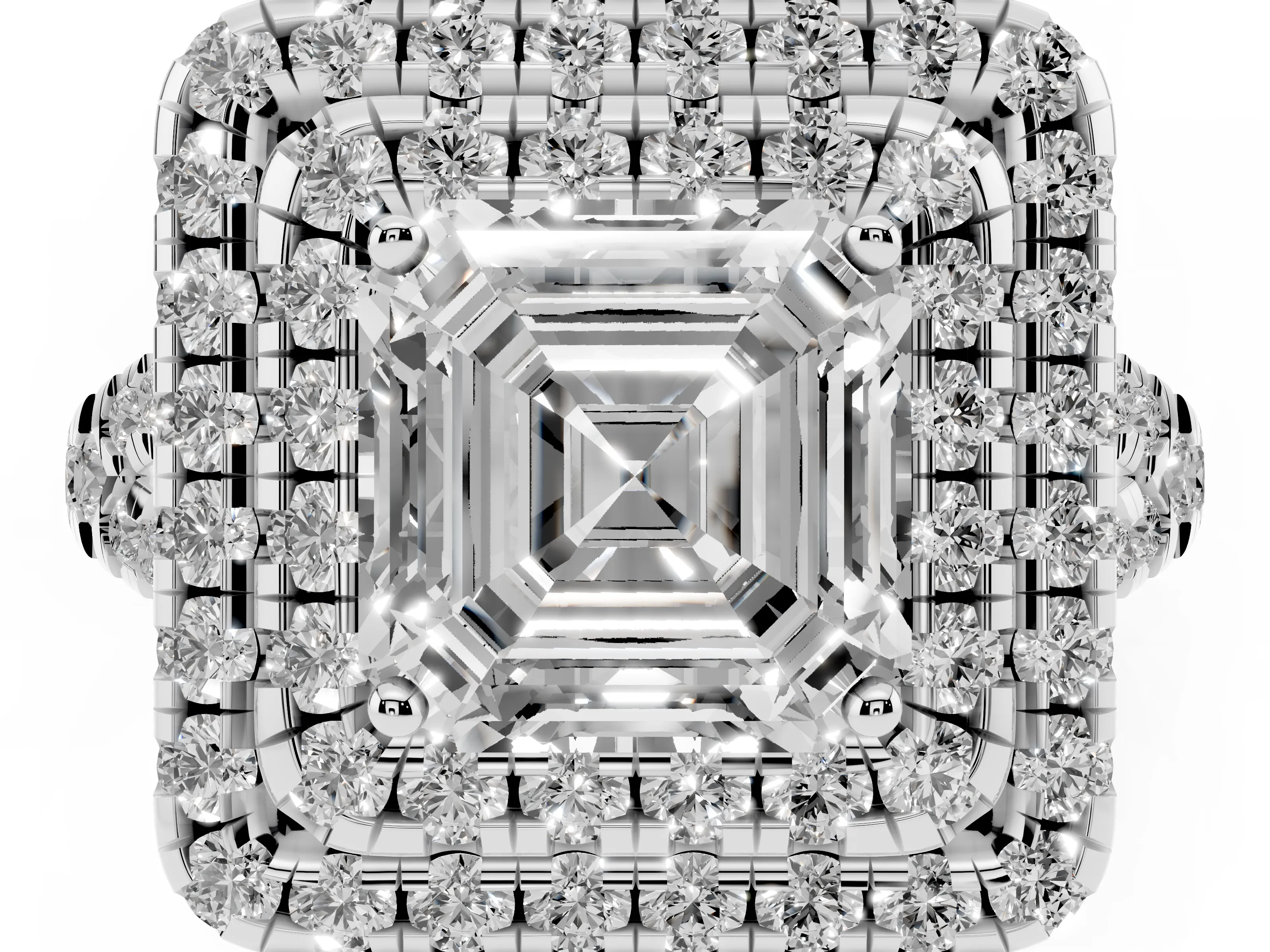 Asscher Cut Diamond Double Halo Ring Set in Platinum with Pavé Split Shank and Prong Setting