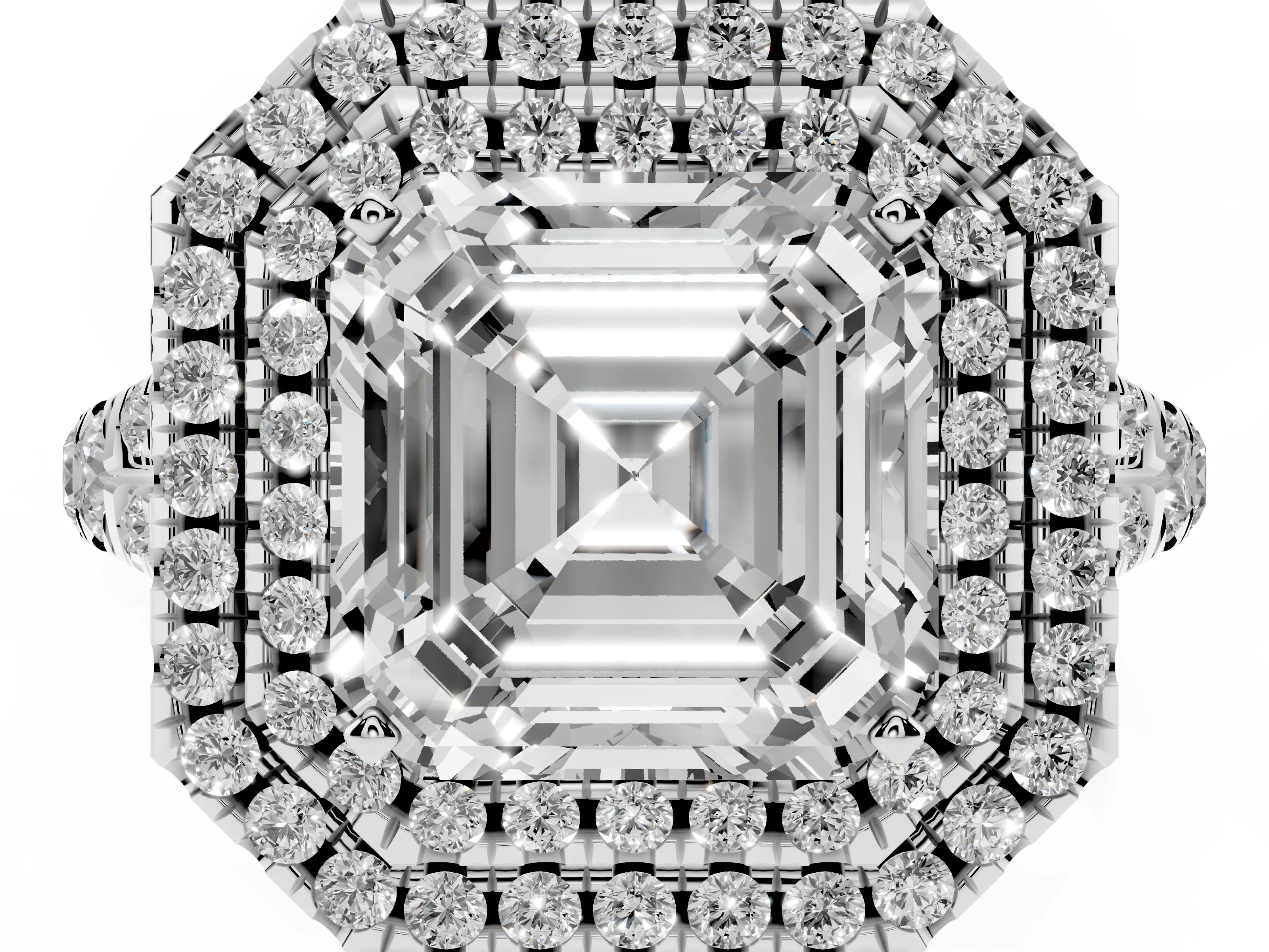 Asscher Cut Diamond Pavé Split Shank Double Halo Engagement Ring Set in Platinum