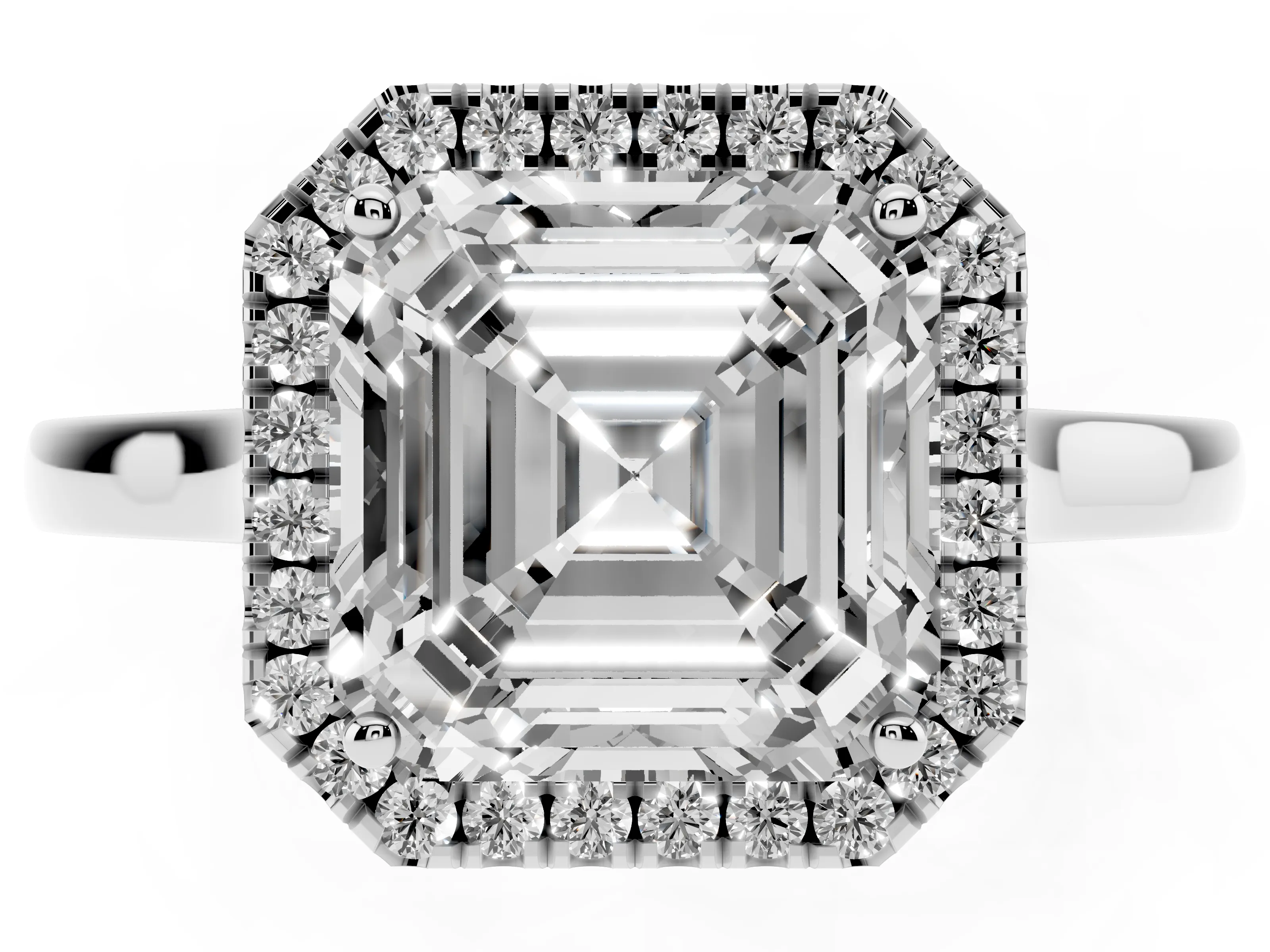 Asscher Cut Halo Round Diamond Solitaire Ring Set in Silver with Pavé Band and Prong Setting