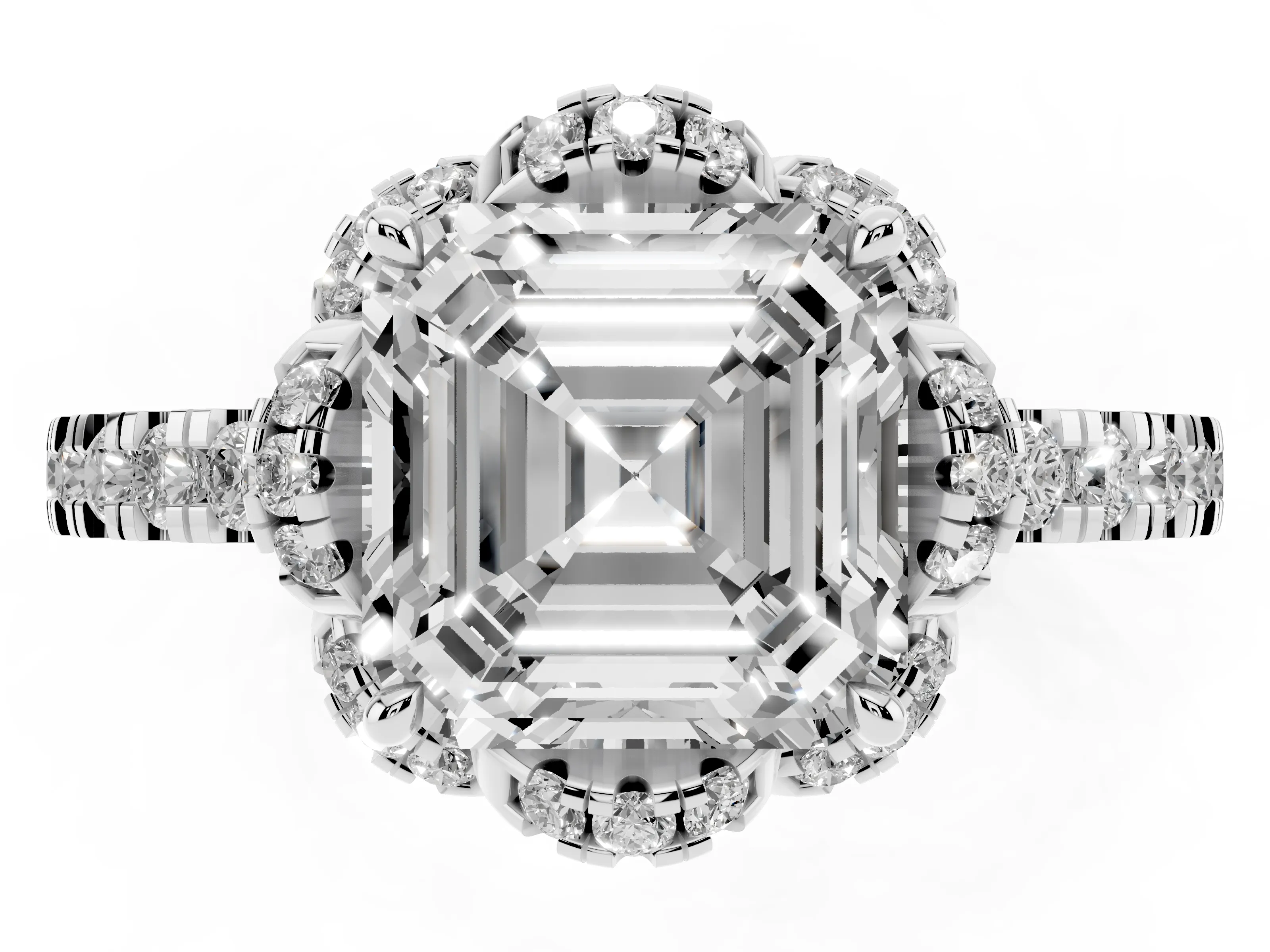 Asscher Cut Diamond Halo Pavé Band Ring Set in Platinum with Prong-Held Center