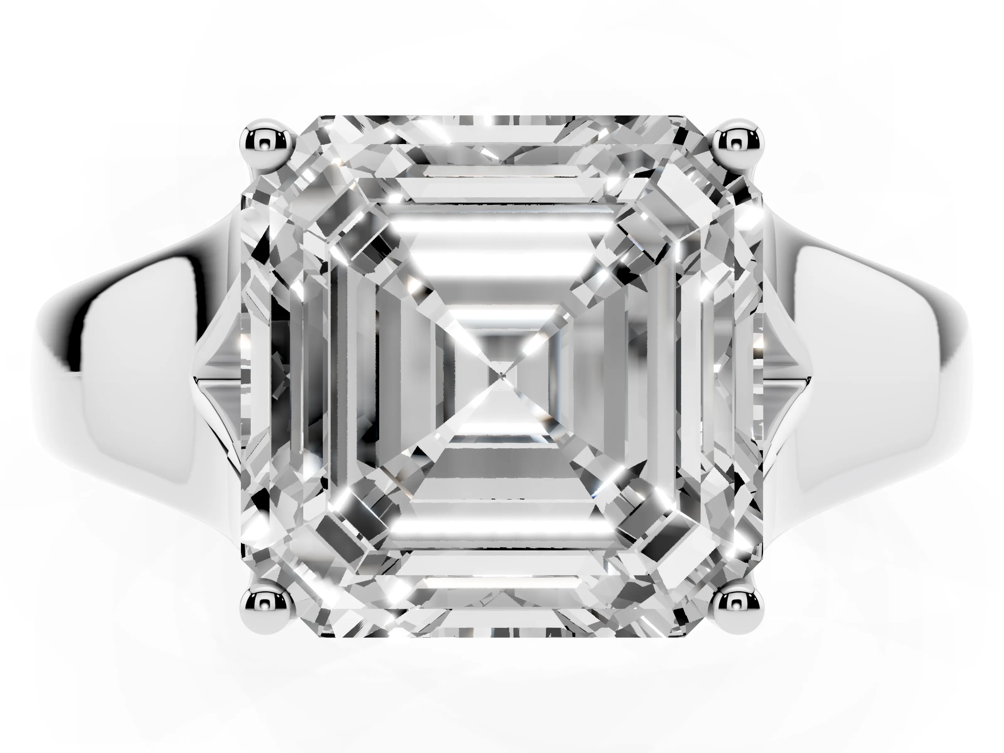 Asscher Cut Diamond Solitaire Ring Set in Platinum with Arched Cathedral Band and Prong Setting