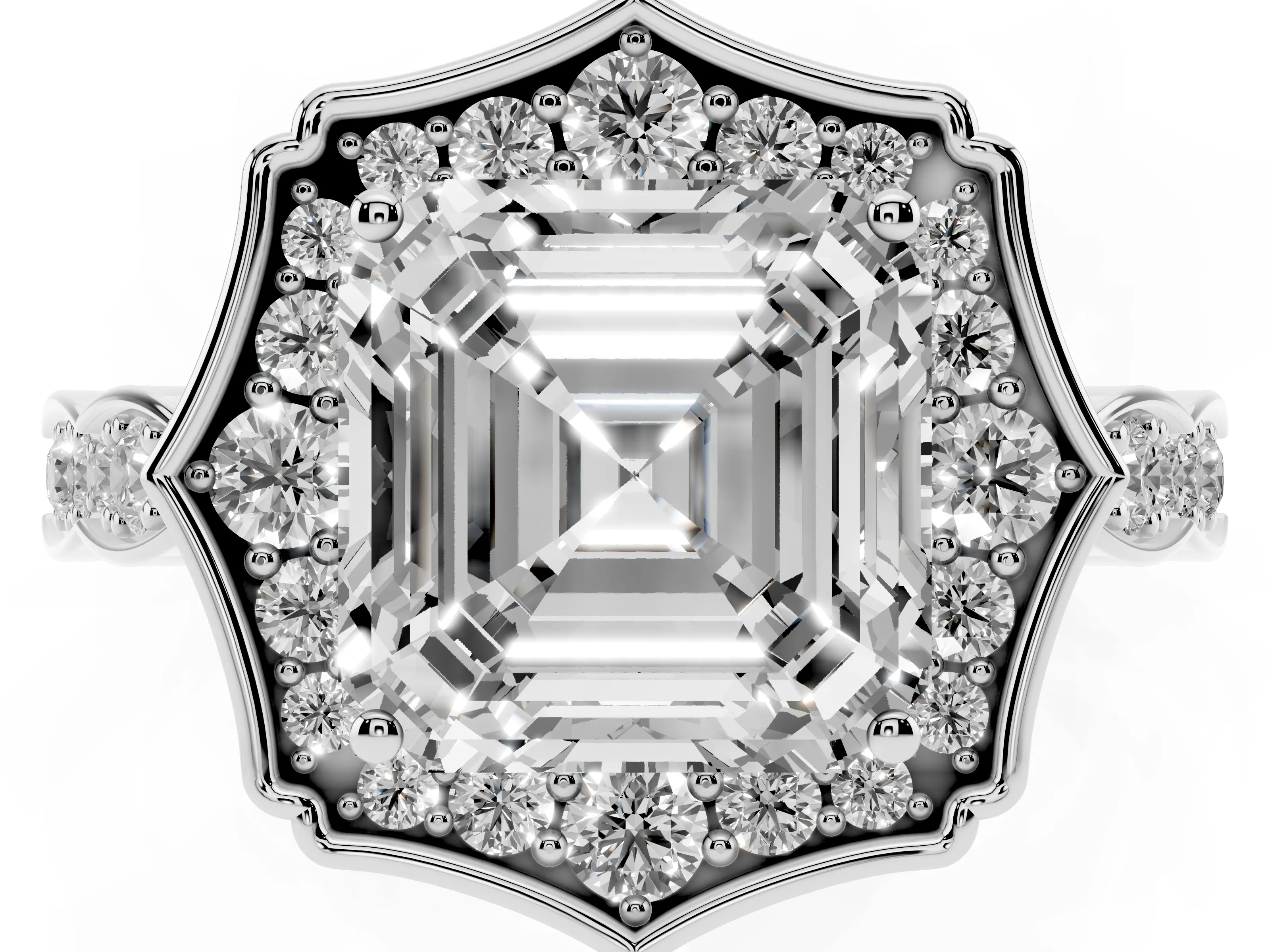 Asscher Cut Diamond Halo Engagement Ring Set in Platinum with Milgrain Band and Prong Setting