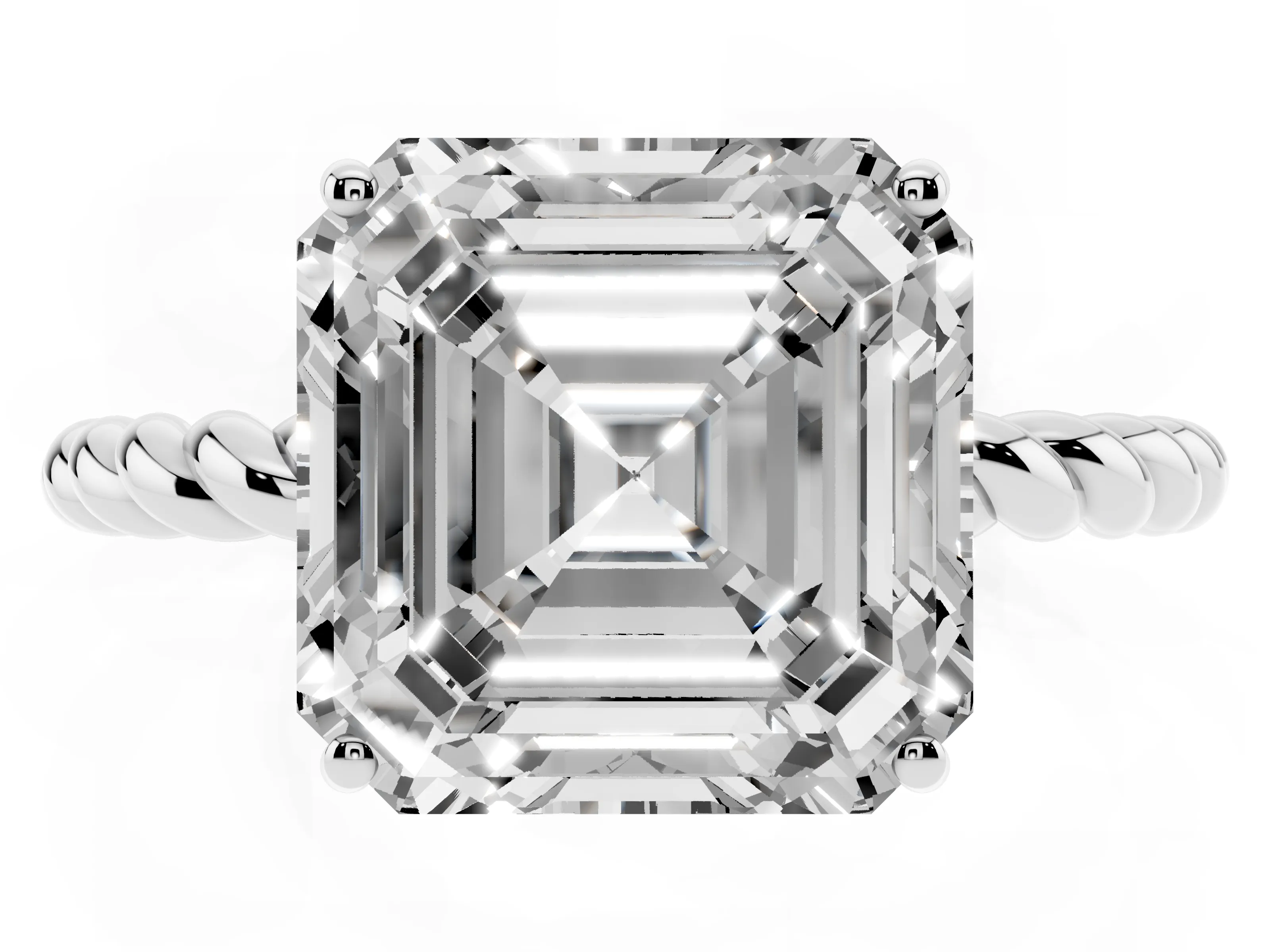 Asscher Cut Diamond Solitaire Ring Set in Platinum with Twist Band and Prong Setting