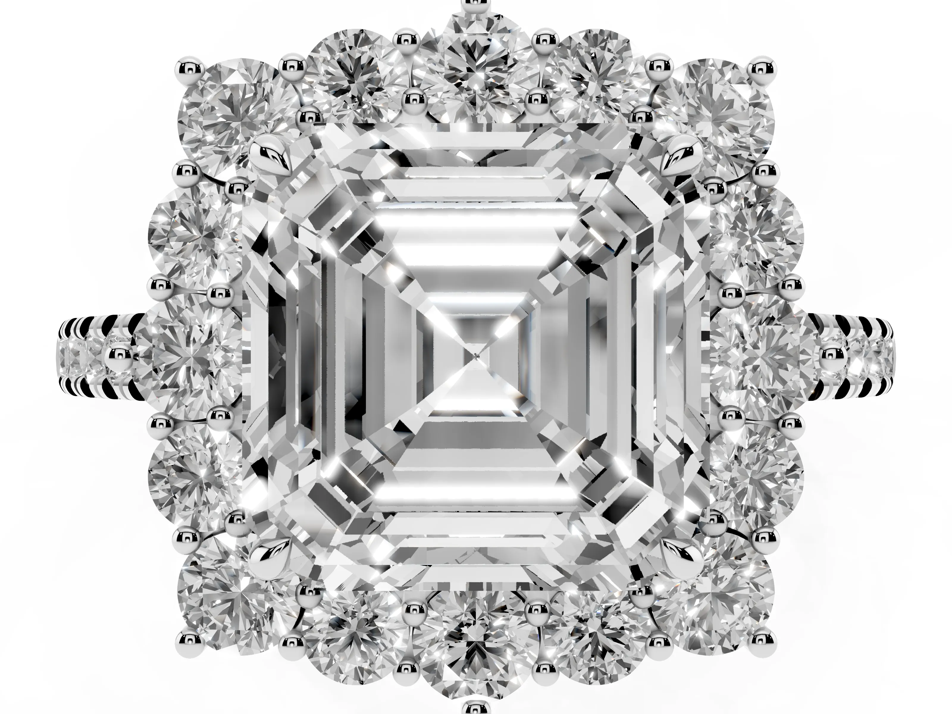 Asscher Cut Diamond Halo Ring Set in Silver with Pavé Band and Prong Setting