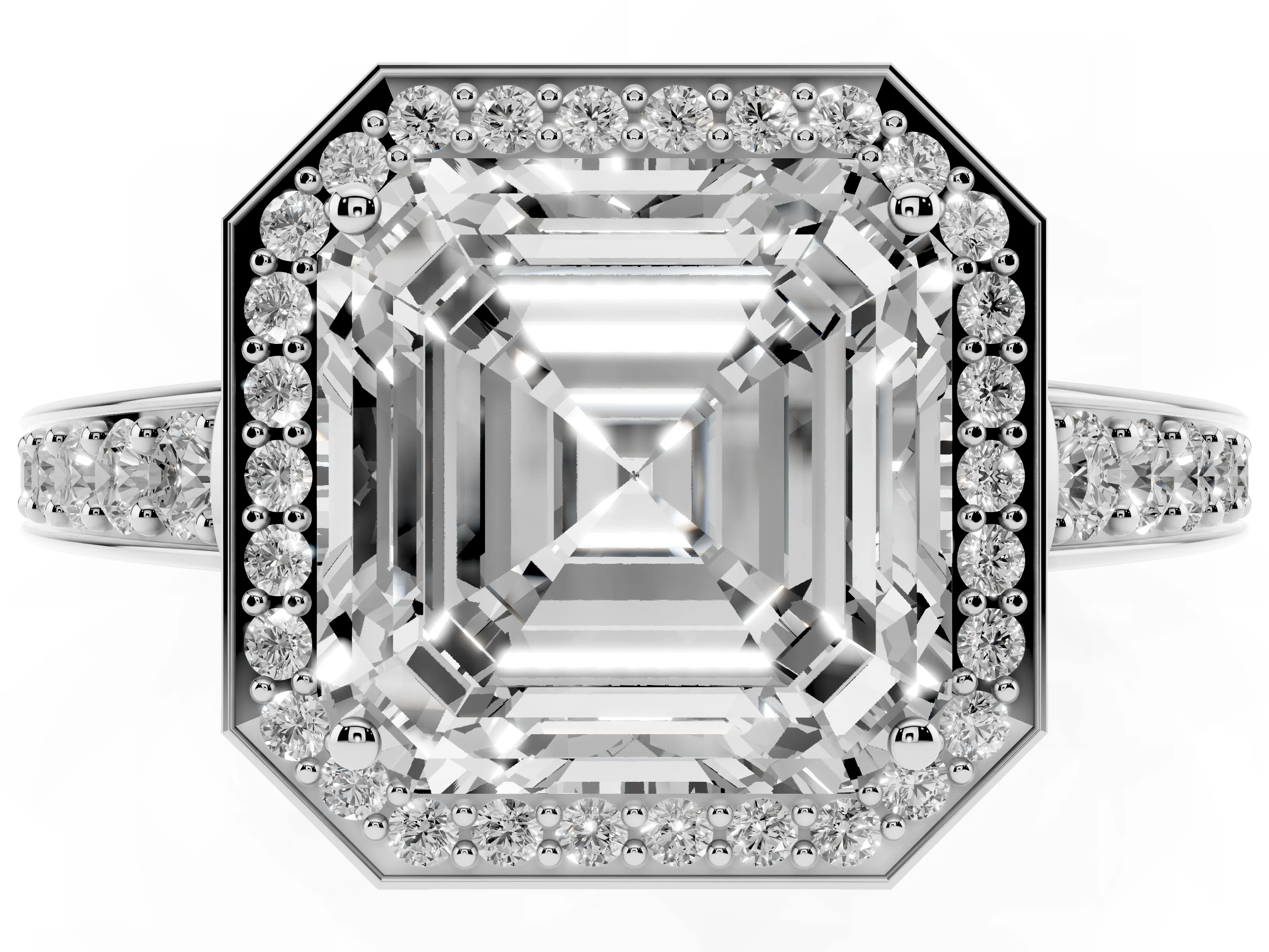Asscher Cut Diamond Halo Pavé Engagement Ring Set in Platinum with Bezel Setting