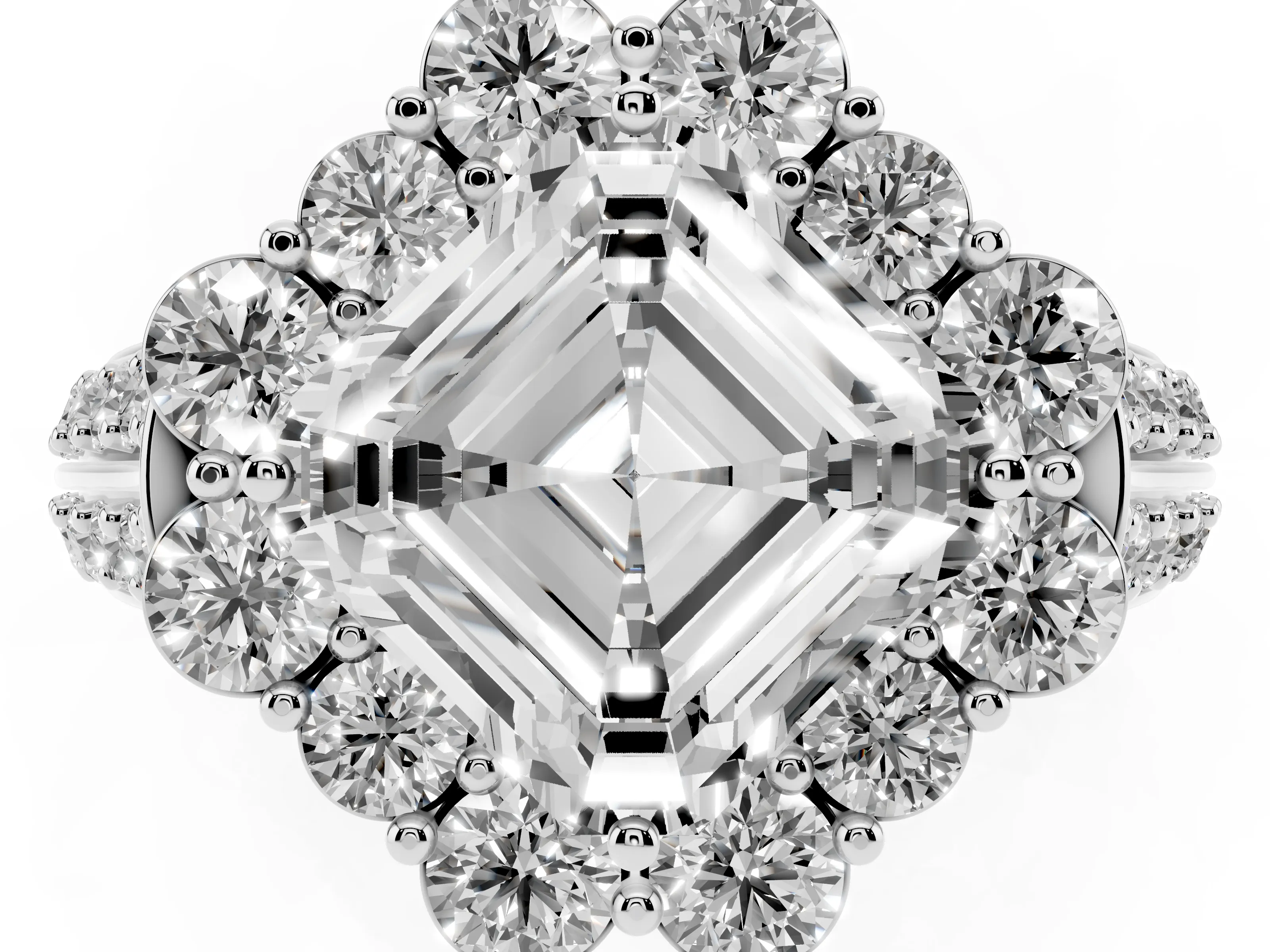 Asscher Cut Diamond Halo Engagement Ring Set in Silver with Split Shank and Prong Setting