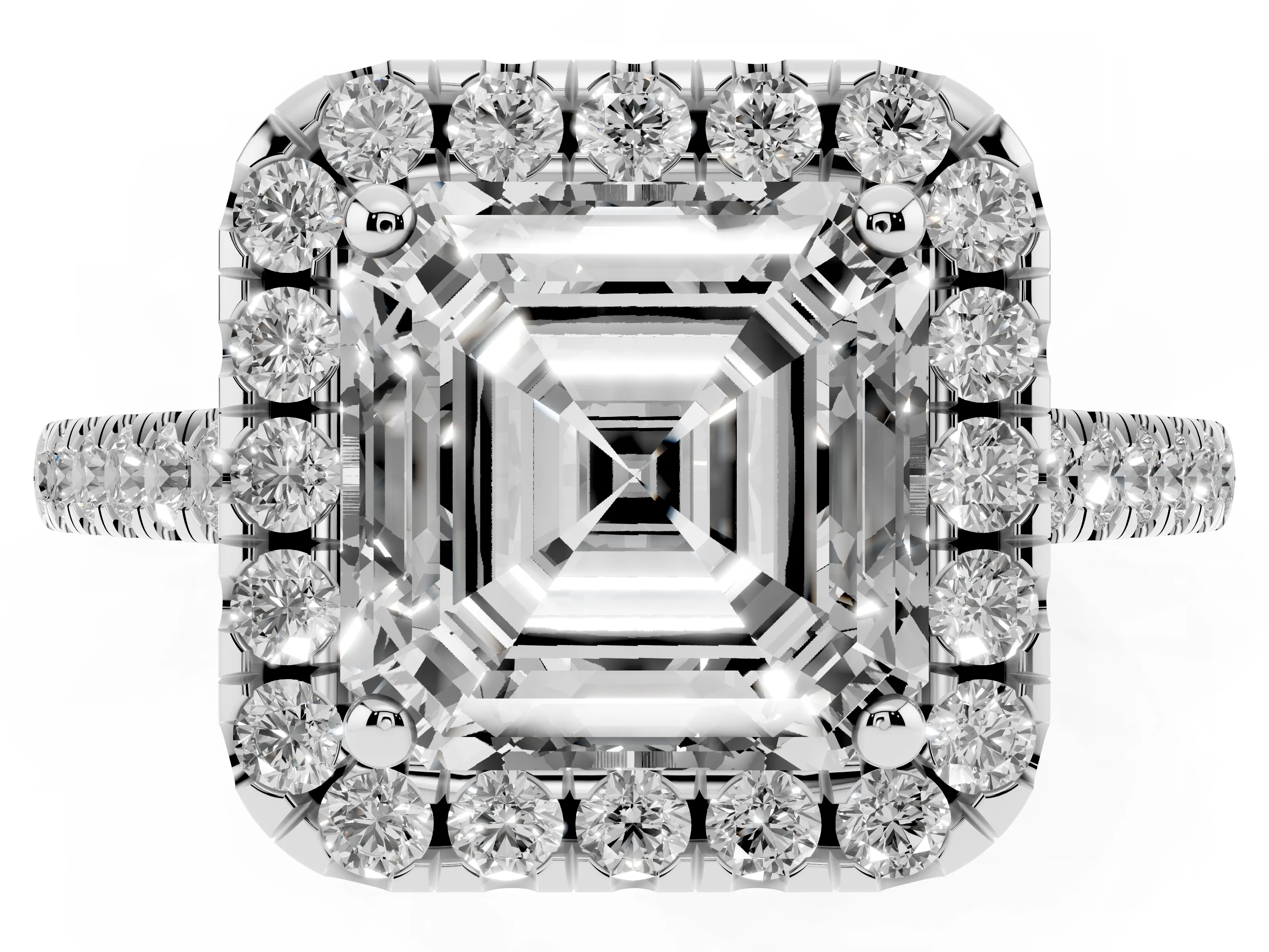 Asscher Cut Diamond Pavé Halo Engagement Ring Set in White gold with Pavé Band and Prong Setting