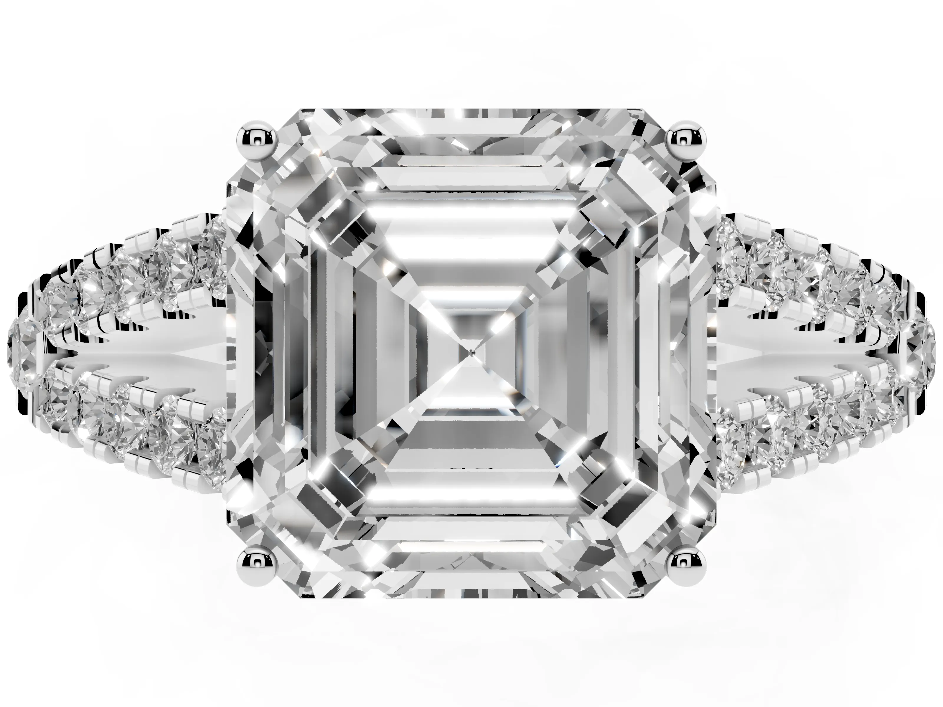Asscher Cut Diamond Split Shank Engagement Ring Set in Platinum with Round Pavé and Prong Setting