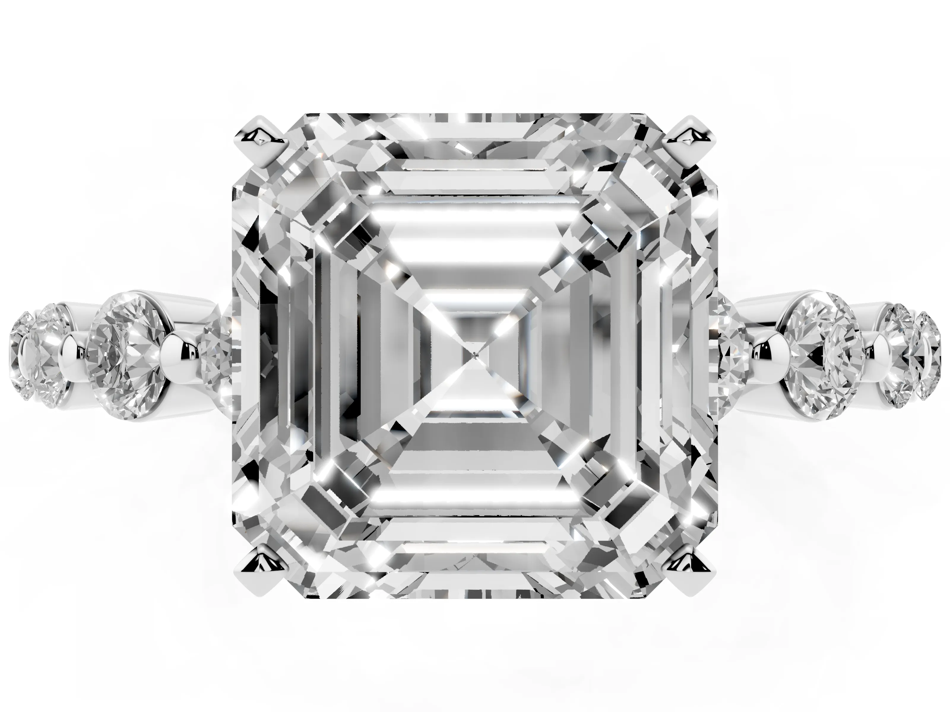 Asscher Cut Diamond Solitaire Ring Set in White gold with Pavé Band and Prong Setting
