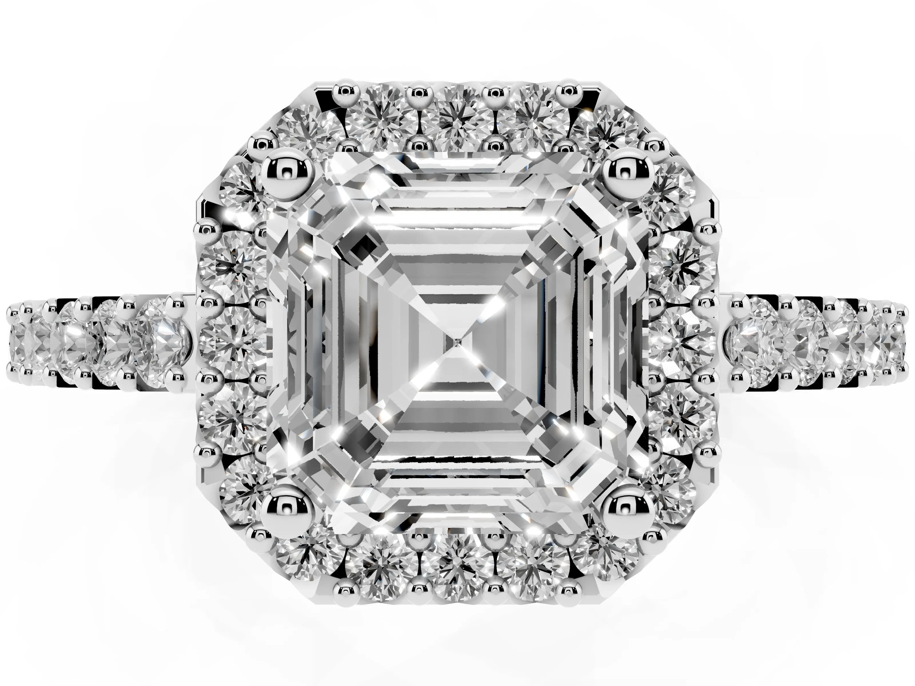 Asscher Cut Diamond Halo Pavé Solitaire Ring Set in White gold with Prong-Set Center Stone