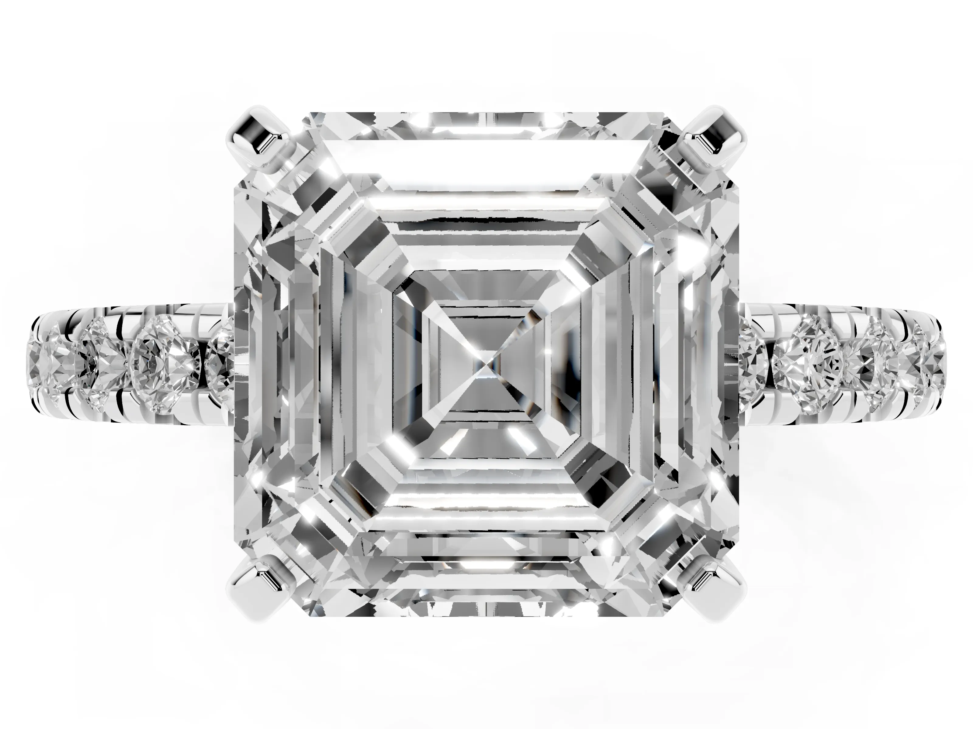 Asscher Cut Diamond Pavé Solitaire Ring Set in White gold with Round Band and Prong Setting