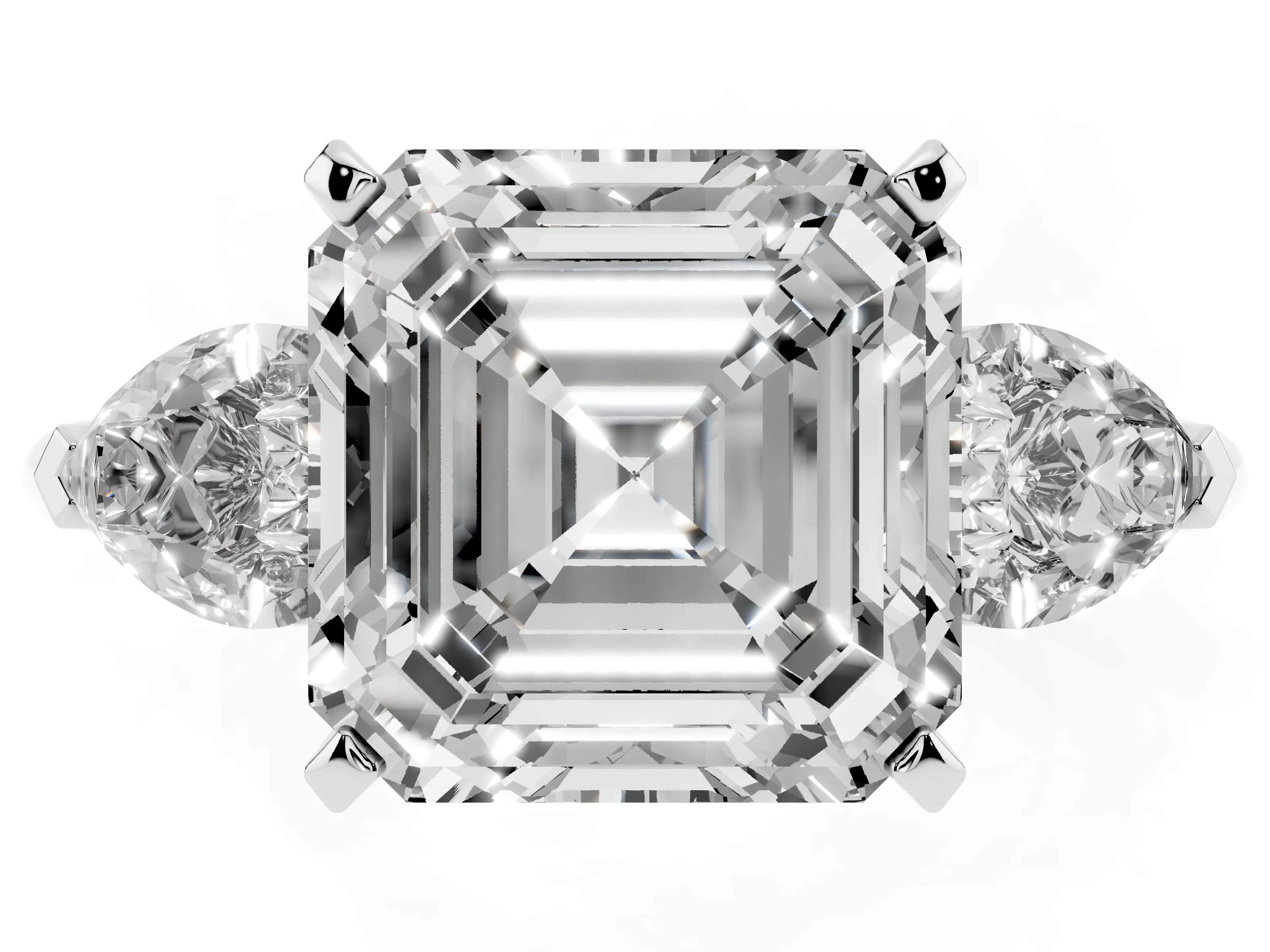 Three-Stone Asscher Cut Diamond Ring Set in Silver with Pear Side Stones and Prong Setting