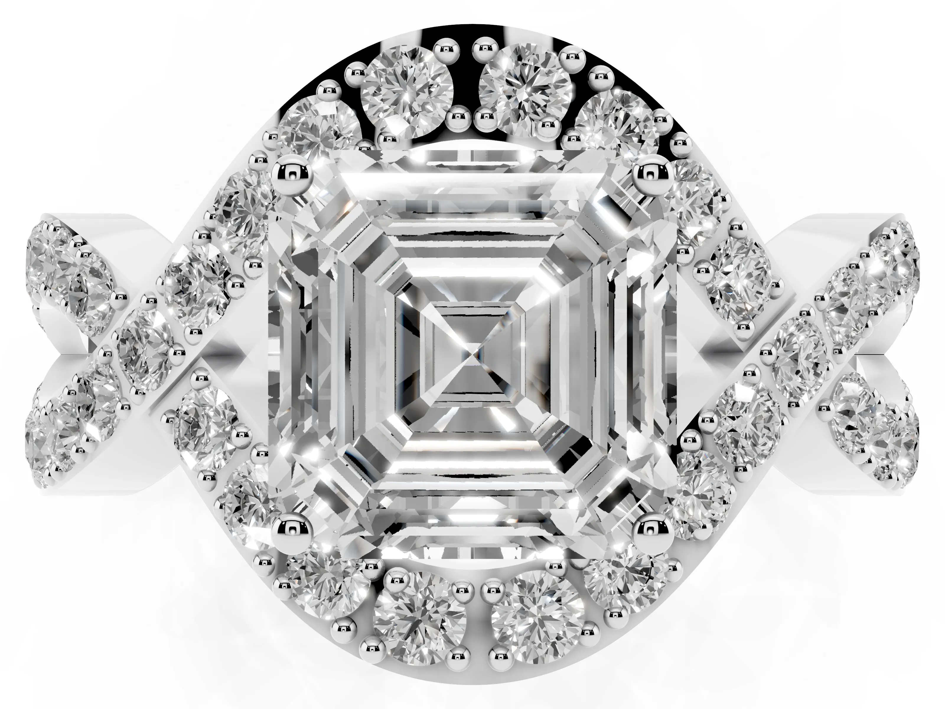 Asscher Cut Diamond Solitaire Twist Band Pavé Engagement Ring Set in Platinum