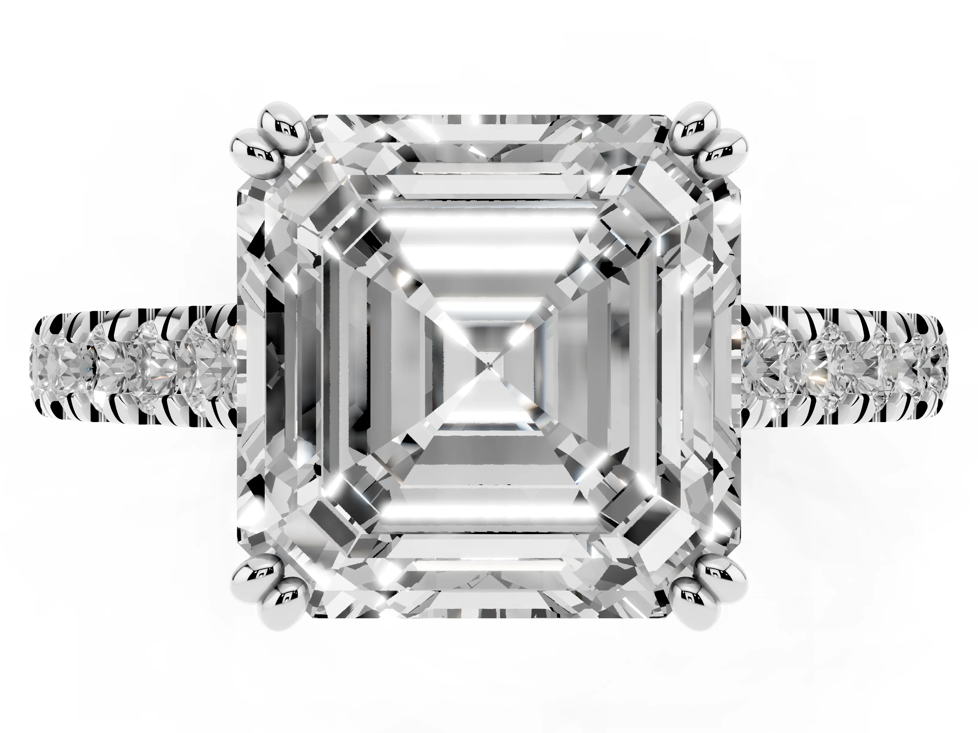Asscher Cut Diamond Solitaire Engagement Ring Set in Platinum with Pavé Accents and Prong Setting