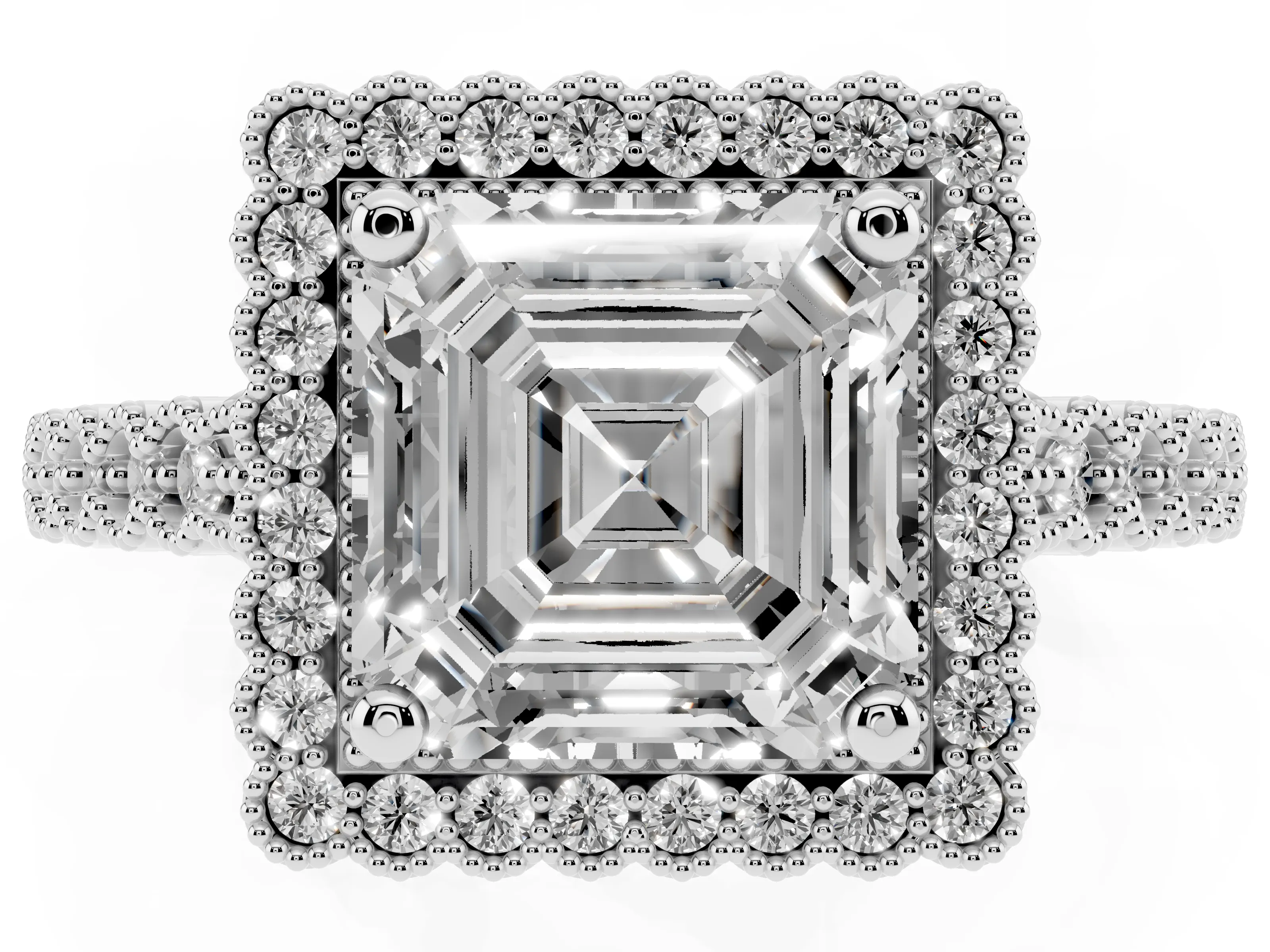 Asscher Cut Diamond Halo Ring Set in Platinum with Pavé Milgrain Band