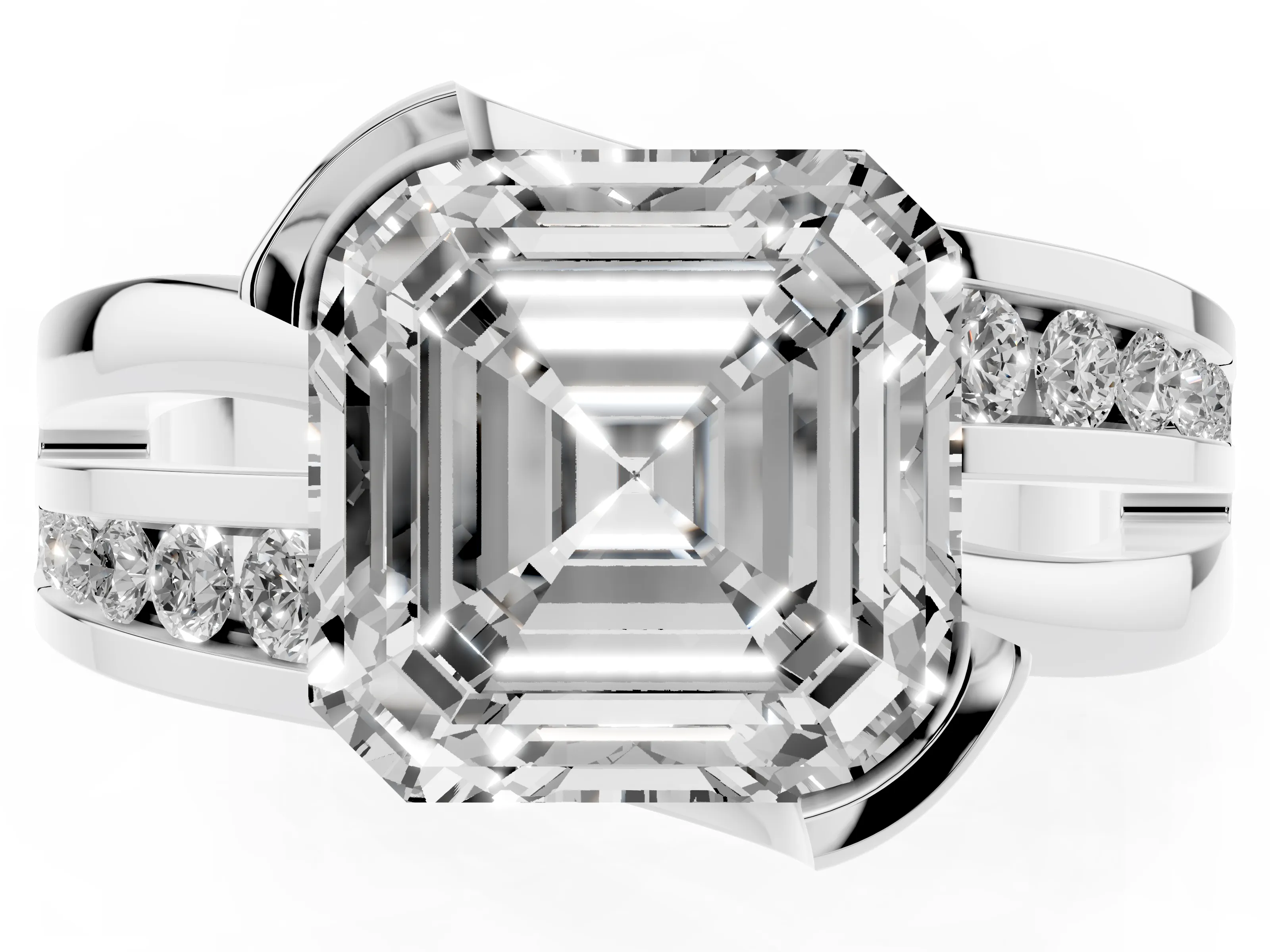 Asscher Cut Diamond Solitaire Ring Set in Platinum with Channel Set Split Shank and Tension Prongs