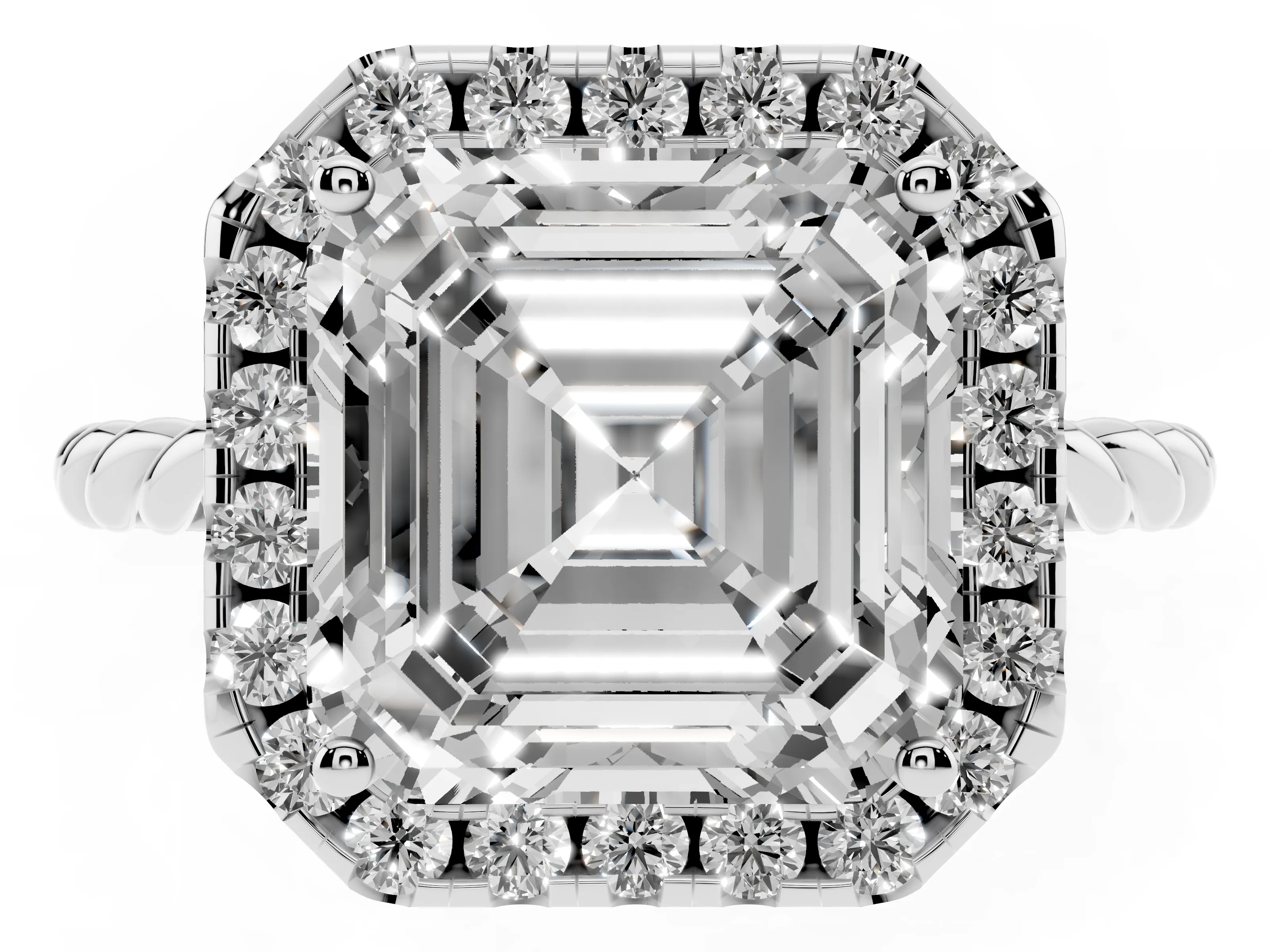 Asscher Cut Diamond Halo Ring Set in Silver with Plain Twisted Band